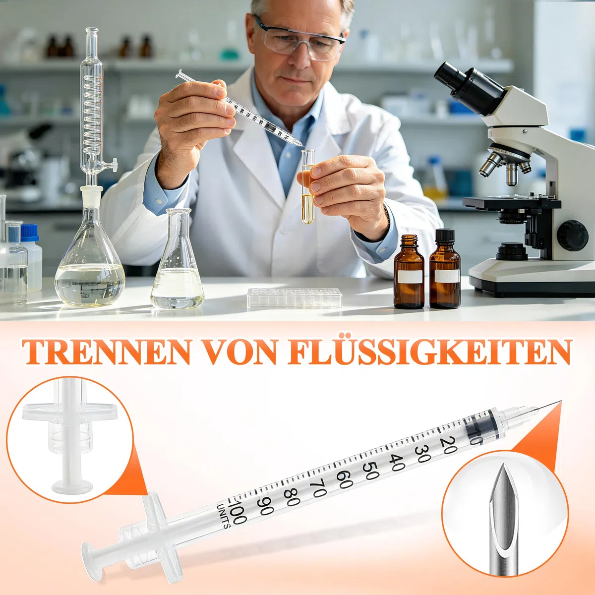 100 Stück 1ml Plastiktube 31G*6mm, Spritze mit Skala für Flüssigkeitstrennung, Einzeln Verpackt, Kunststoff Mehrzweck-Messwerkzeuge Laborzubehör für Tierpflege, Labor, Industrie