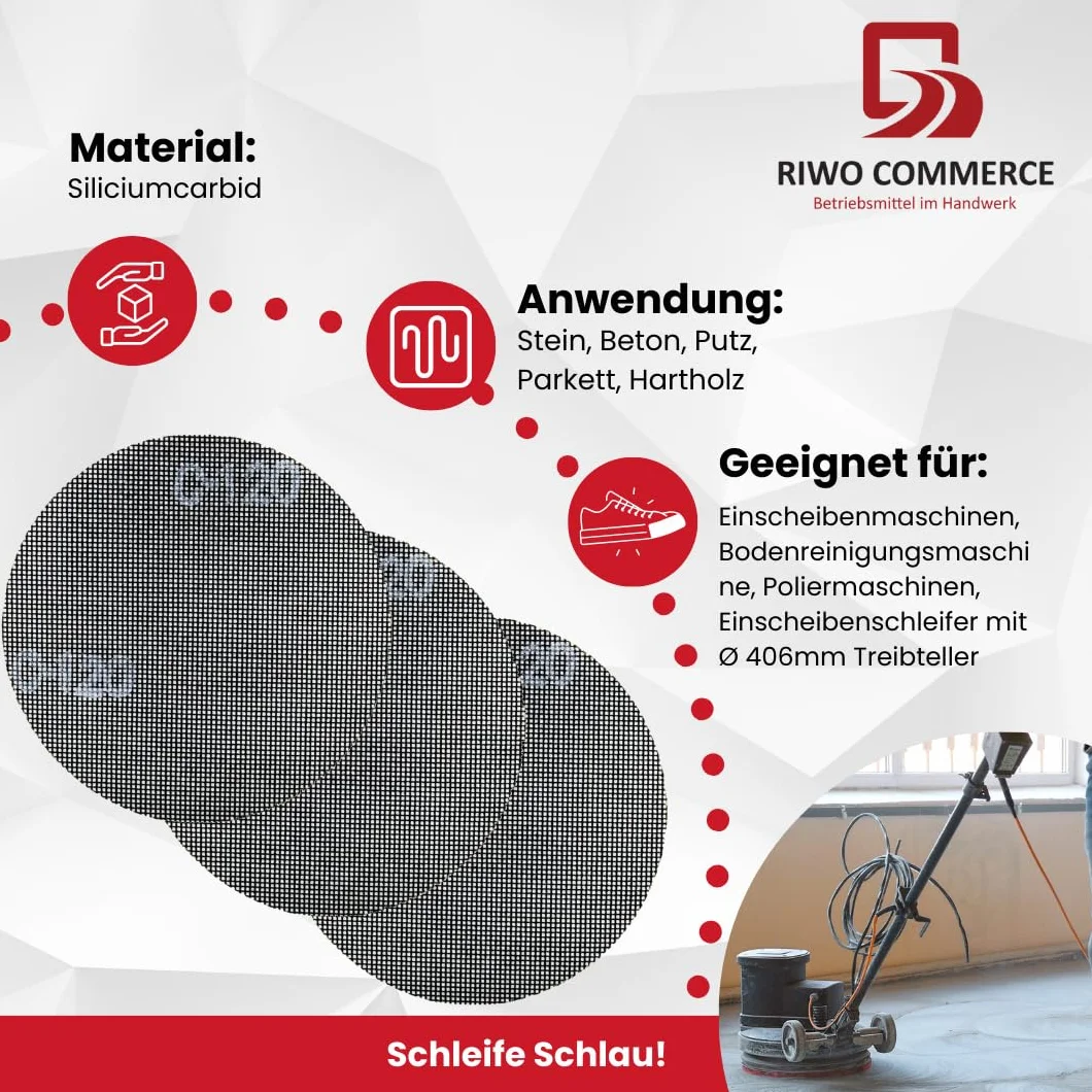 20 Stk. Gitterschleifscheiben für Einscheibenschleifmaschine mit Ø 406 mm Treibteller. Doppelseitig verwendbare Schleifgitter Siliziumkarbid, ideal für Holz, Stein, Beton und Estrich. Körnung 40