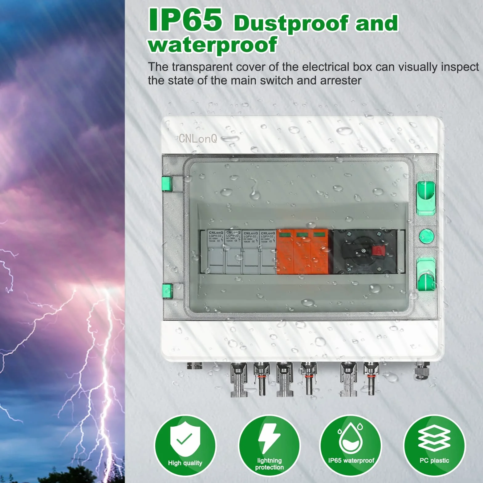 DEWIN Solar PV Combiner Box, 2 in 1 Out 2 String DC 1000V 32A Kombinierer Box 15A Sicherungen Sicherungshalter Trennschalter und Überspannungsschutz mit Wasserdichter Gehäuse
