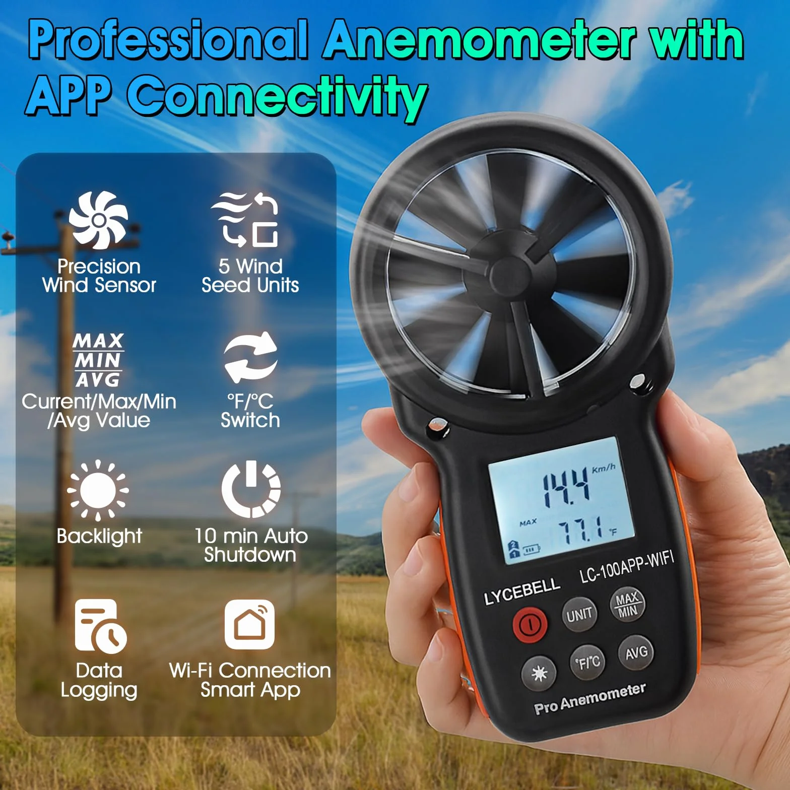 Smartes Anemometer Windmesser mit Aufzeichnung, ‌WLAN-APP-Verbindung & Steuerung, Windmessgerät zur Überwachung der Windgeschwindigkeit, Temperatur für HVAC, Drohne, Surfen, Angeln