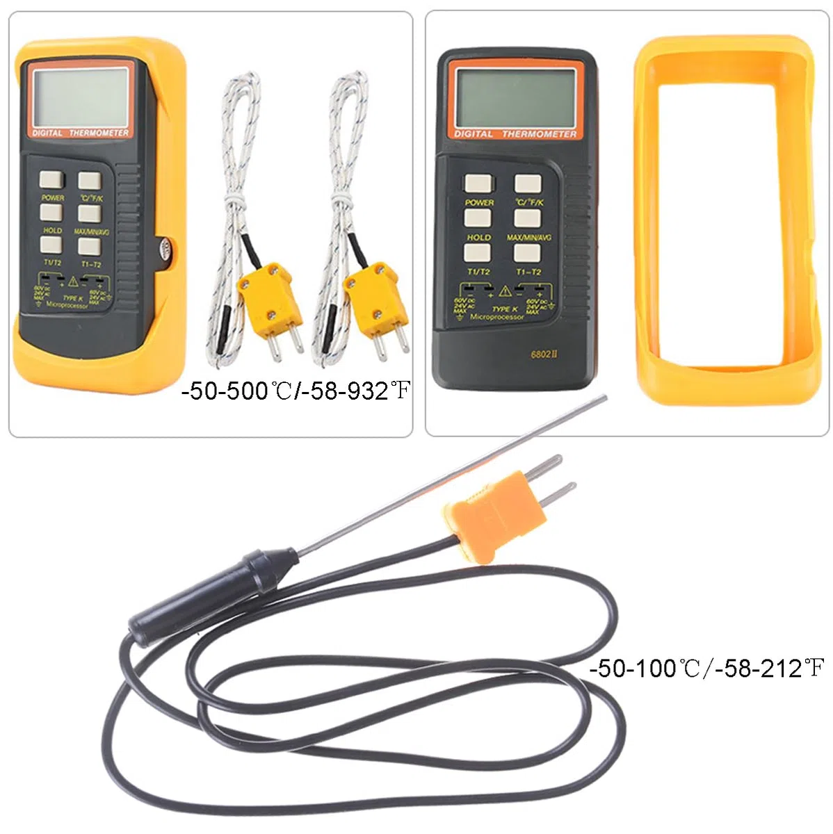 ThreeH Zweikanal-Digitalthermometer Handmessgerät für hohe Temperaturen mit Kelvin-Skala und 4 Fühlern für -50~1300°C (-58~2372°F)