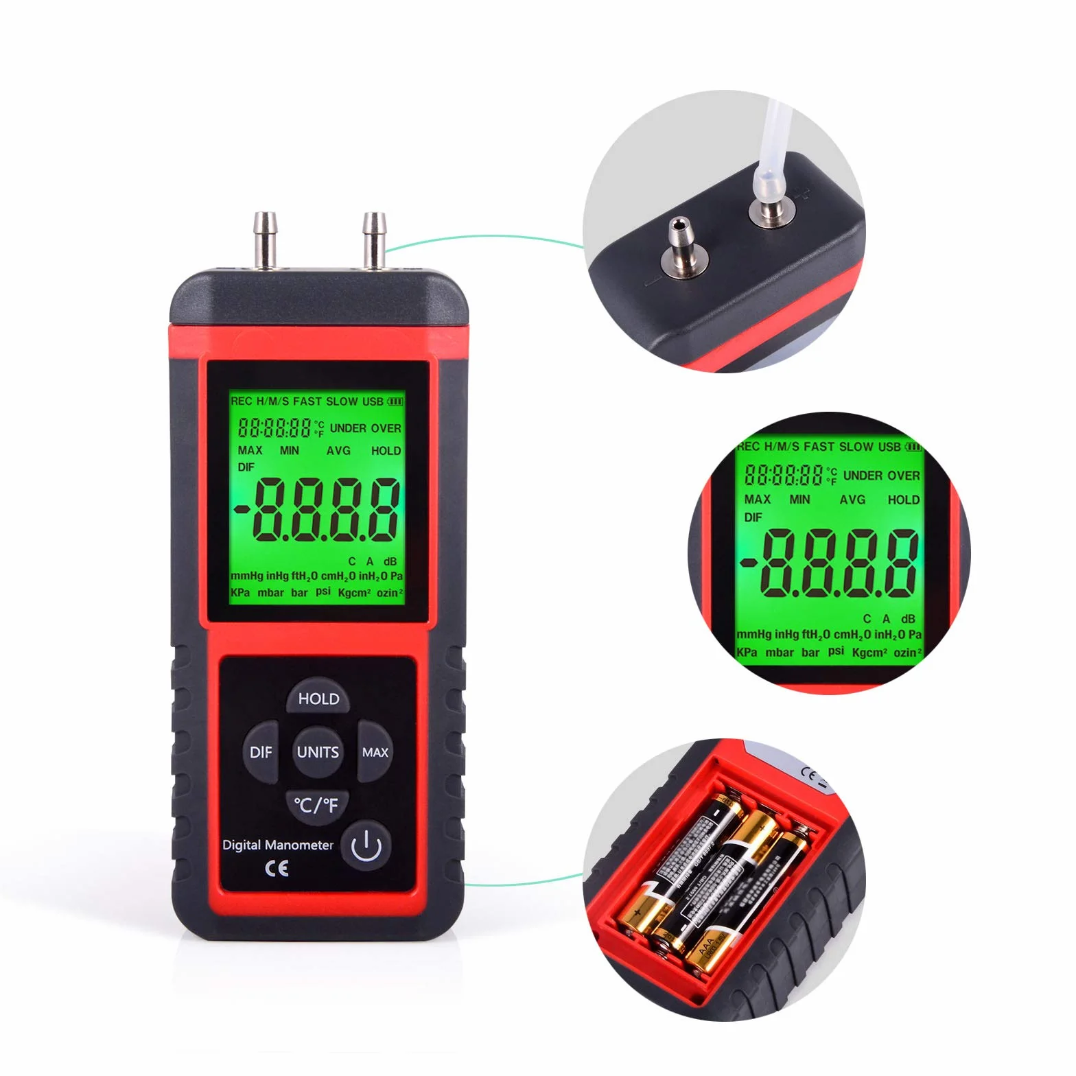 Ehdis Digital Manometer Luftdruck-Messgerät mit 32-Bit MCU 24-BitADC mit hoher Genauigkeit 12 Einheiten Speichern oder Halten