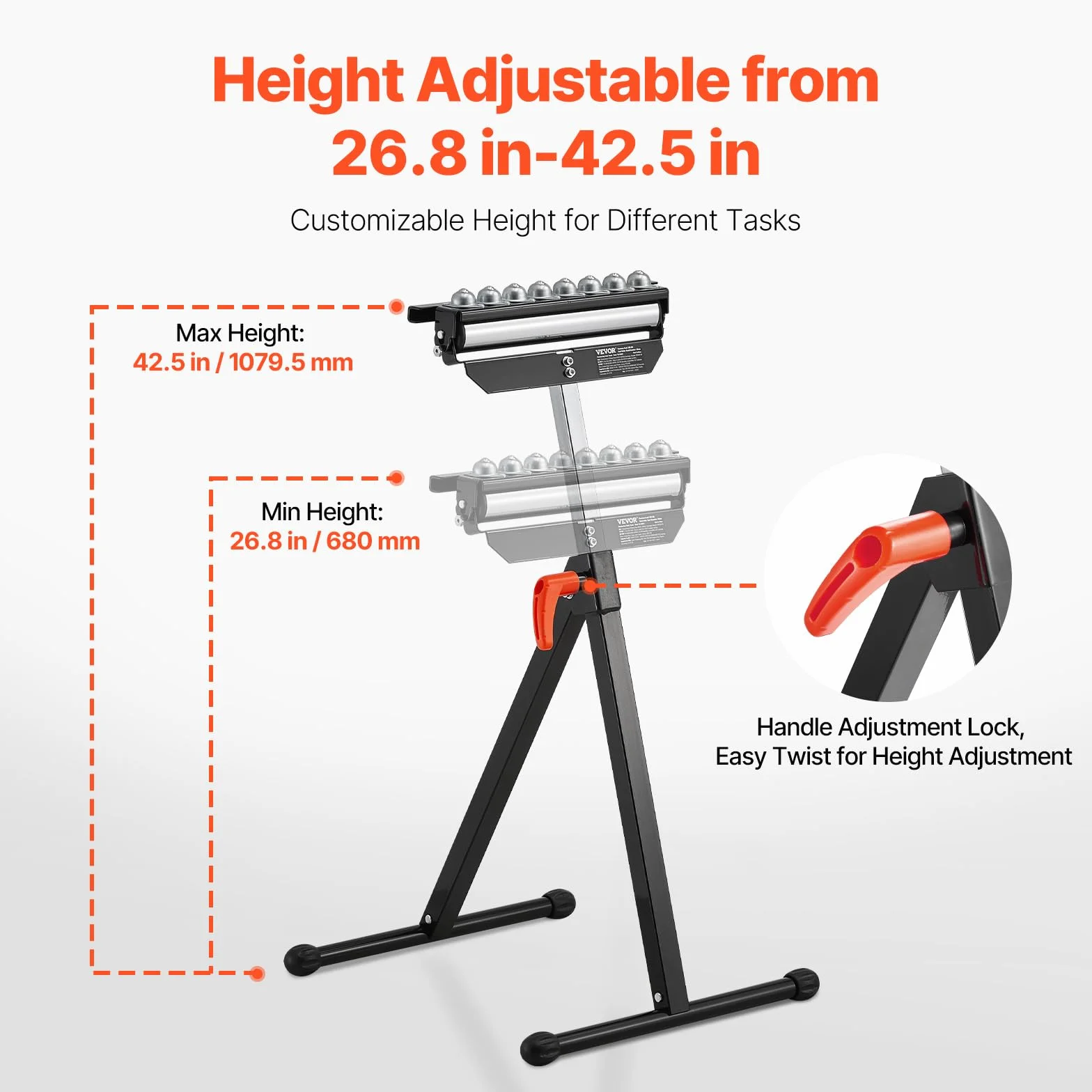 VEVOR 3-in-1 Rollenständer, 136 kg, 68–108 cm höhenverstellbar, Rollenbock mit 29,2 cm poliertem, multidirektionalem Rollenkopf, für Tischkreissägen-Auslauf, Holzbearbeitungs-Verlängerungsstütze