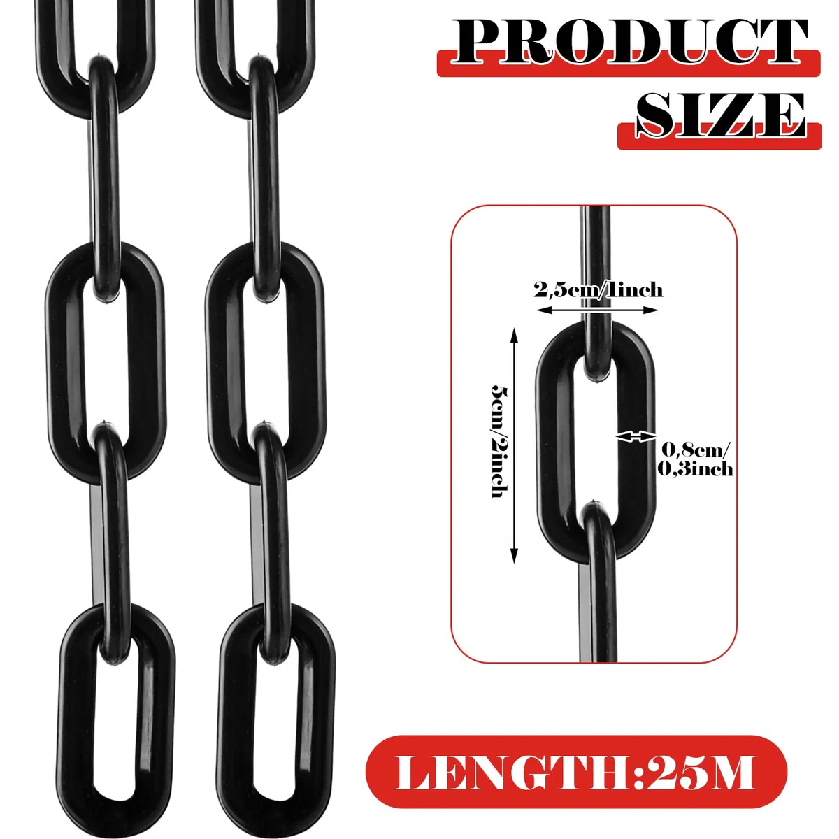 DAJAVE Absperrkette 25M, Kunststoffkette Absperrung 8 mm Absperrkette Warnkette Plastikkette Schwarz, Kunststoff aus Plastikkette Kette zum Absperren von Flächen, Parkplatzsperre Kette