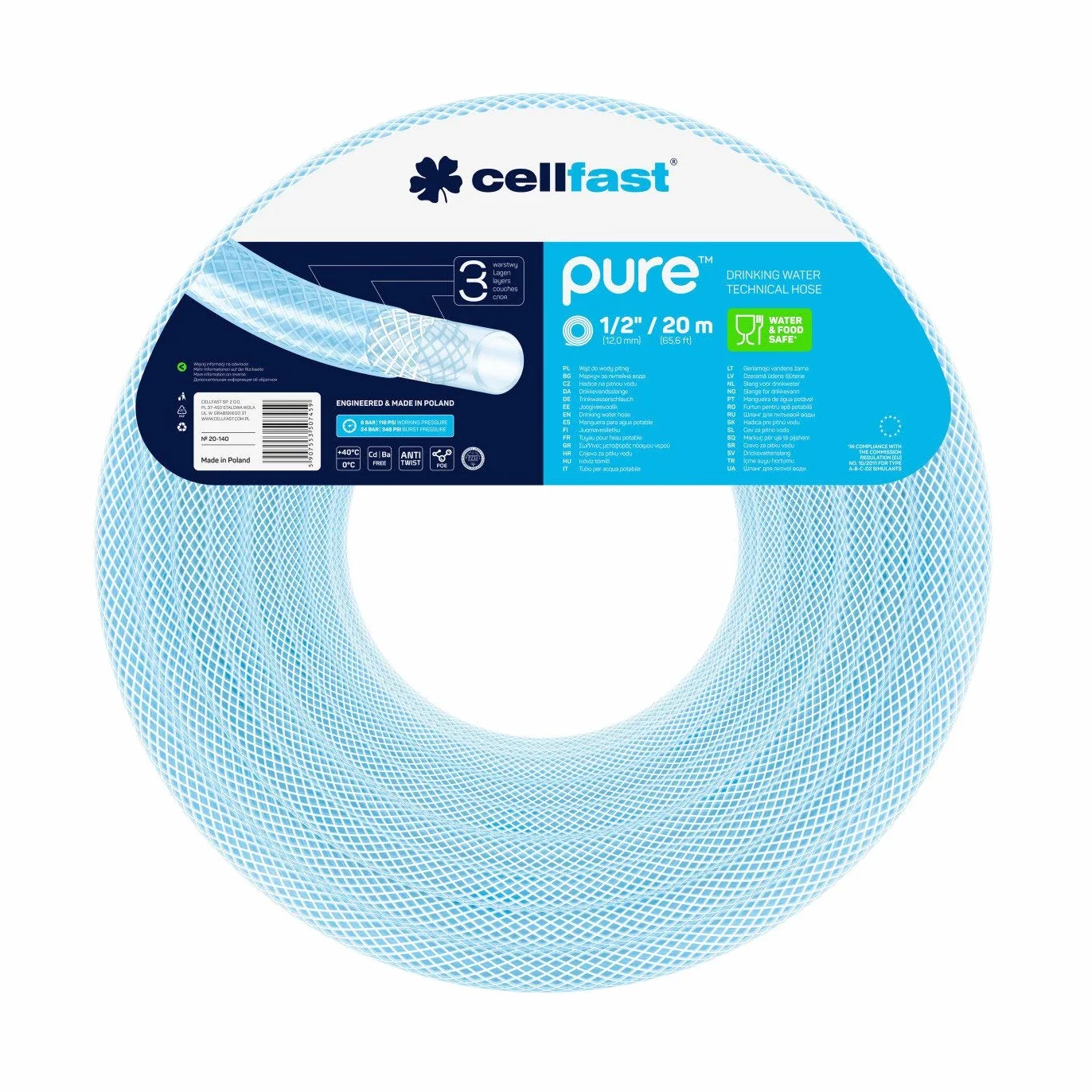 CELLFAST Trinkwasserschlauch Lebensmittelechter Wasserschlauch 3 Lagiger Schlauch Wohnwagen Lebensmittelqualität Lebensmittelschlauch Wasserleitung Flexibel 12 5 × 2 4 Millimeter 20 Meter Pure