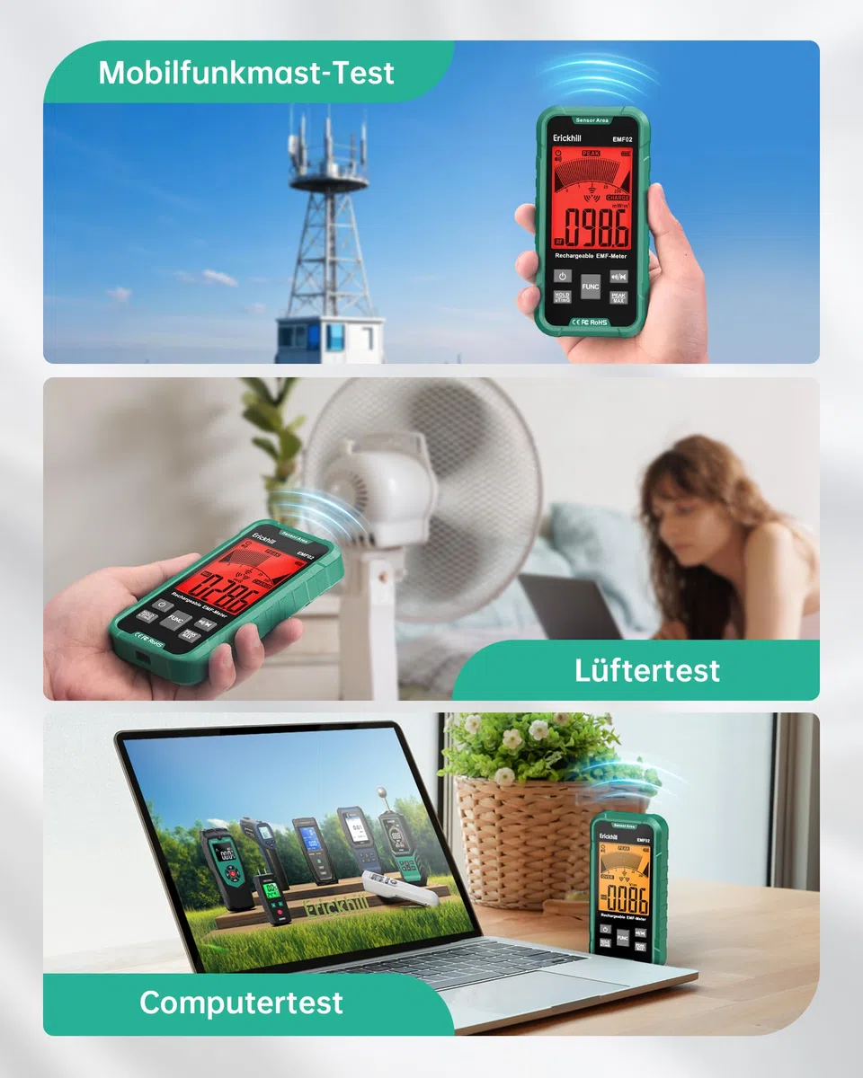 ERICKHILL EMF Messgerät, 3-in-1 Tragbares Elektrosmog Messgerät & Geisterjagd Equipment für RF, EF, MF & WLAN, Strahlungsmesser mit 3-Farben Alarm, Wiederaufladbarer Akku für Zuhause, Büro & Outdoor