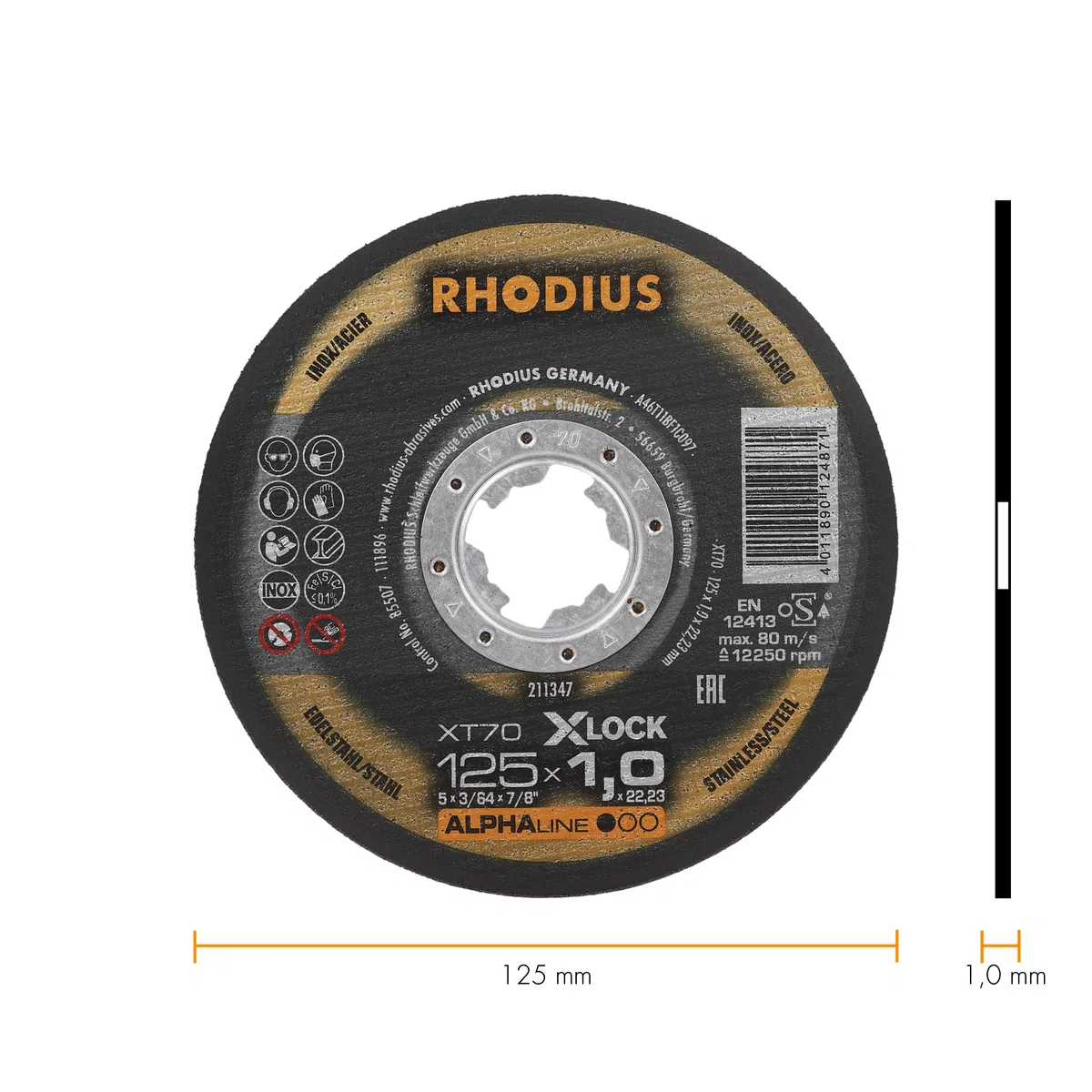 RHODIUS XT70 X-LOCK | 25 Stück Ø 125 mm x 1,0 mm | Trennscheibe Metall | Extra dünn | Made in Germany | für Winkelschleifer, Edelstahl, INOX, Stahl, Eisen, Hartmetall