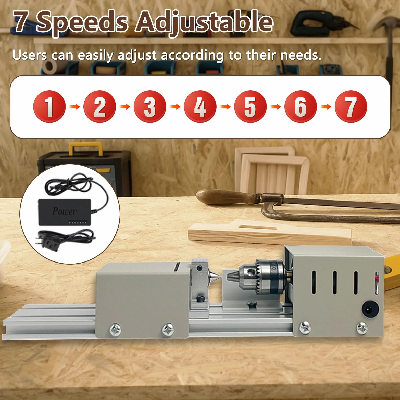 Mini Drehmaschine, 96W Metalldrehmaschine, 4000-9000rpm Präzise Drehbank, 7 Geschwindigkeiten, Klemmbereich von 0.6-6mm, Drehbank Tischdrehbank DIY Holzbearbeitung für Dreh, Einstech