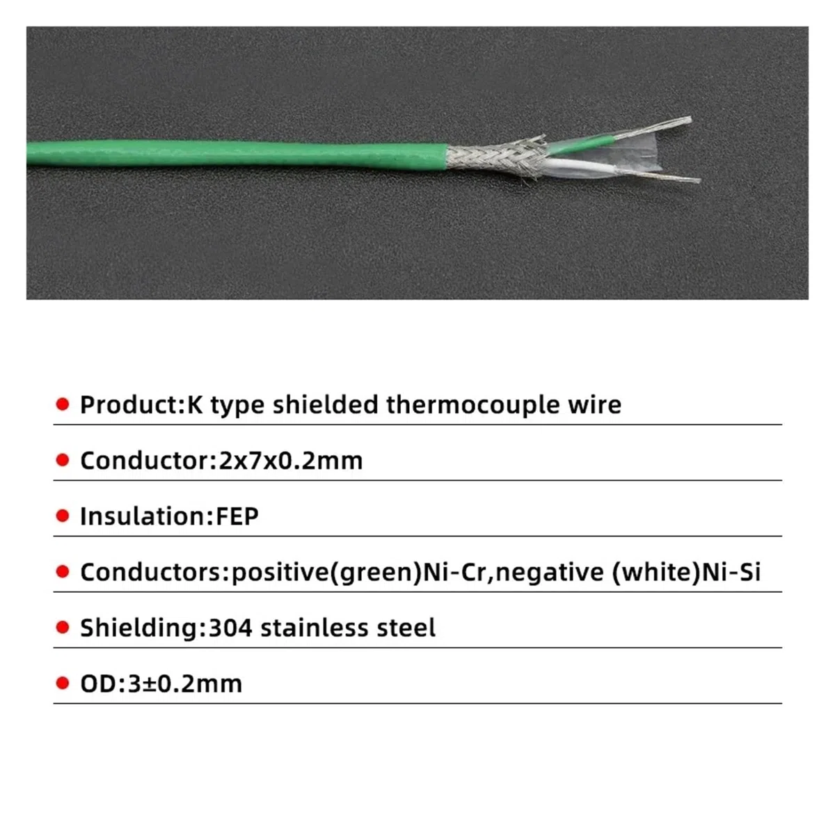 Thermoelementdraht KTNS Typ 2-adrig, PTFE-isoliert, geschirmt, Hochtemperatur-Mess- und Kompensationskabel(K type,5 meters)