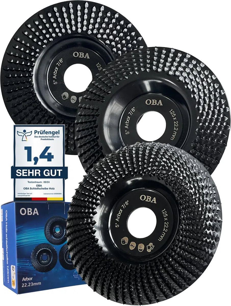 OBA Holz Schleifscheibe für Winkelschleifer 125mm, Holz Schleifen, Baumstumpf Entfernen, Frässcheibe zum Formen Schleifen Schnitzen 3 Stück