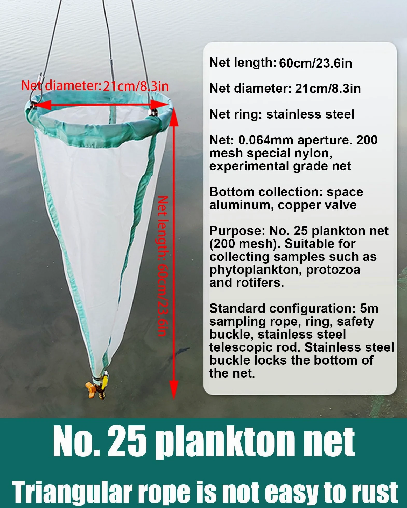 Feinmaschiges Planktonnetz, 64μm Planktonnetz, Feinmaschiges Planktonnetz, 125 Mesh Plankton Schleppnetze for Sammeln von Phytoplankton, Protozoen und Rädertierchen(13#)