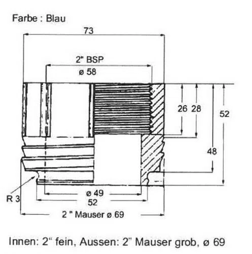 Adapter für Adblue Handpumpe f. 200l Plastikfässer, 2"BSP fein x Mauser Grobgewinde