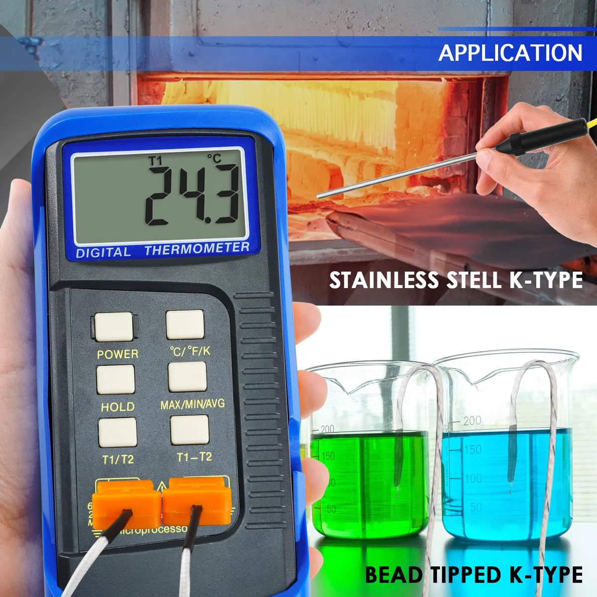 Digitalles Thermometer Dual-Kanal K-Typ Thermoelement Thermometer mit 4 Temperatursensoren - MAX/MIN/AVG & Differenzmessung für Öfen, Öfen, Schmelzöfen, geschmolzenes Metall