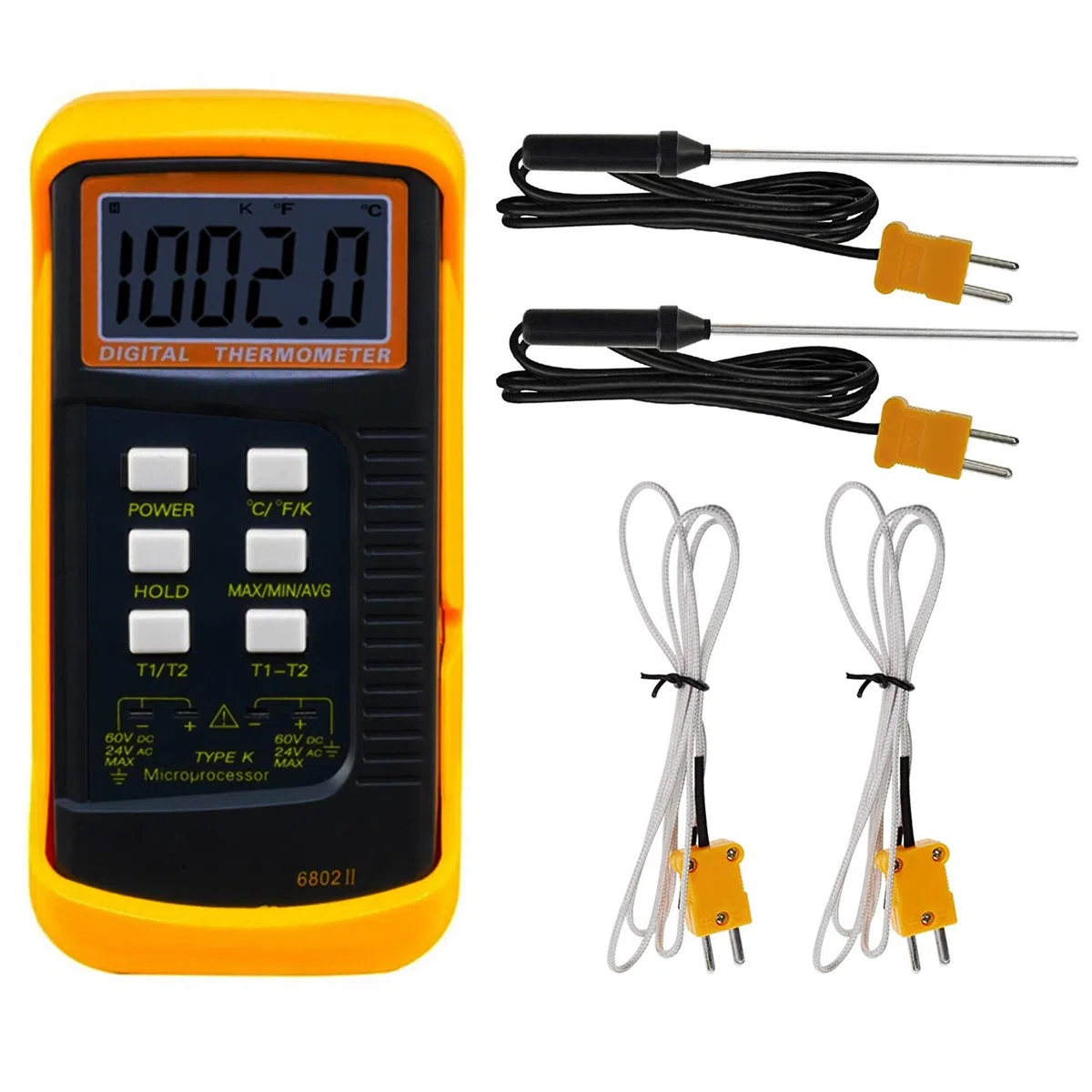 2 Dual Digitales Thermometer, DT-6802 II Kanal K-Typ Thermoelementen Sensor Sonde Temperaturmessgerät Temperaturmesser für Thermoelement Typen K/J/T/E/R/S/N