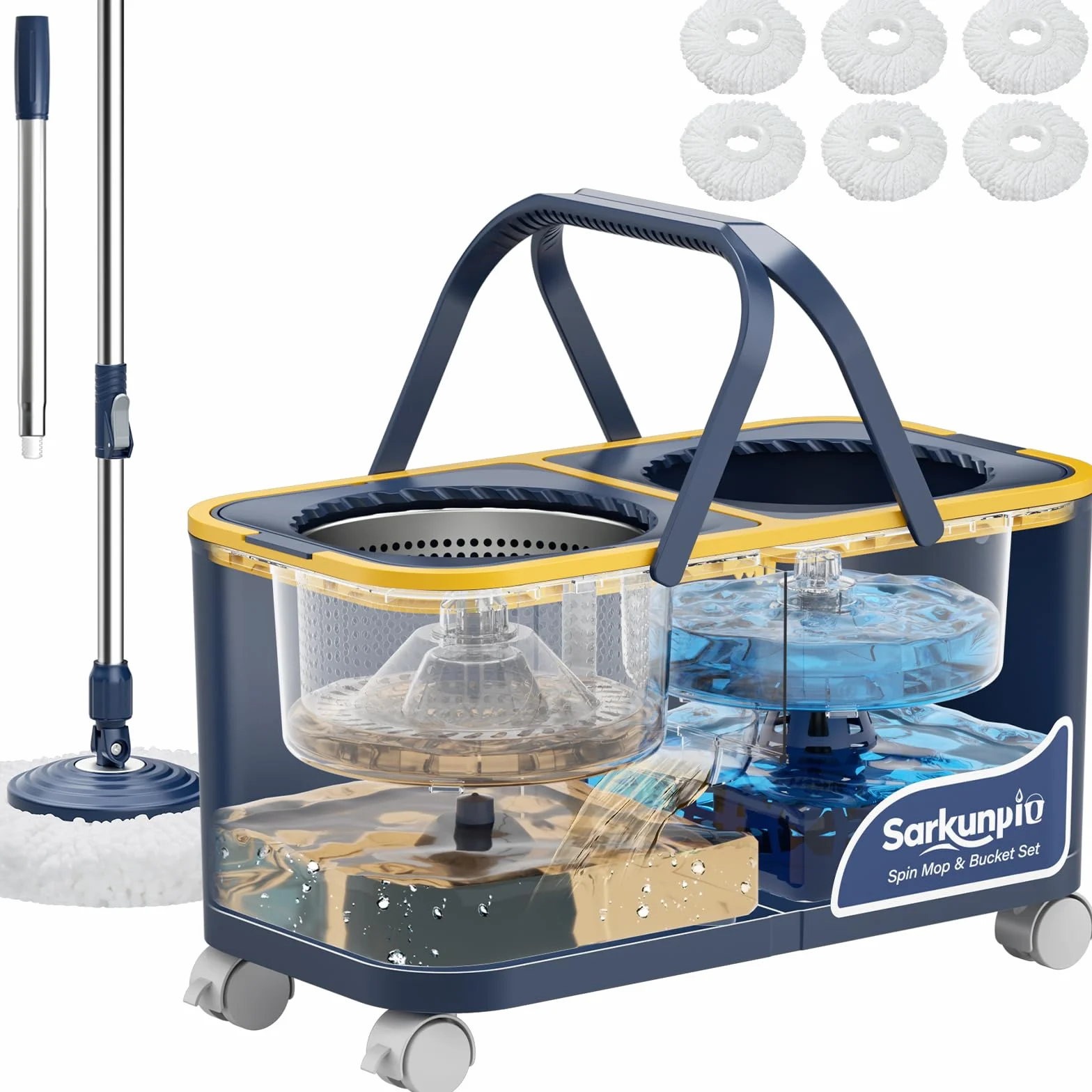 Wischmopp Set mit Eimer, Bodenwischer Set mit Auswringfunktion mit 4-Kammer & 4-Rad, Schmutzwasser Trennung, 360° Drehmopp Floor Mop mit 6 Wischmopp Mikrofaser für Holz, Laminat und Fliesen