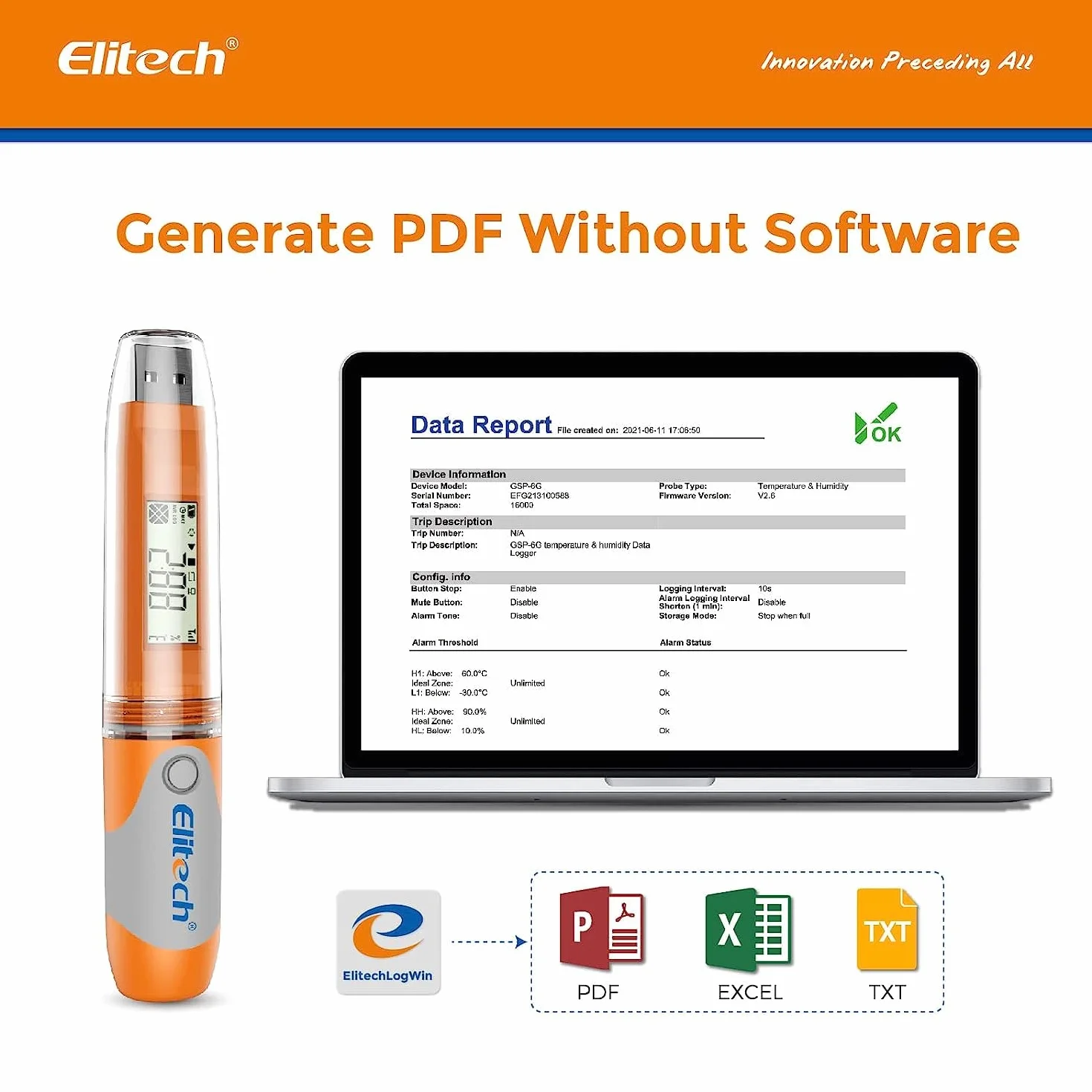 Elitech RC-51H Wiederverwendbarer Datenlogger für Temperatur und Luftfeuchtigkeit 32.000 Punkte,Unterstützt den Export von Berichten von USB in PDF/Excel/TXT/CSV-Dateien