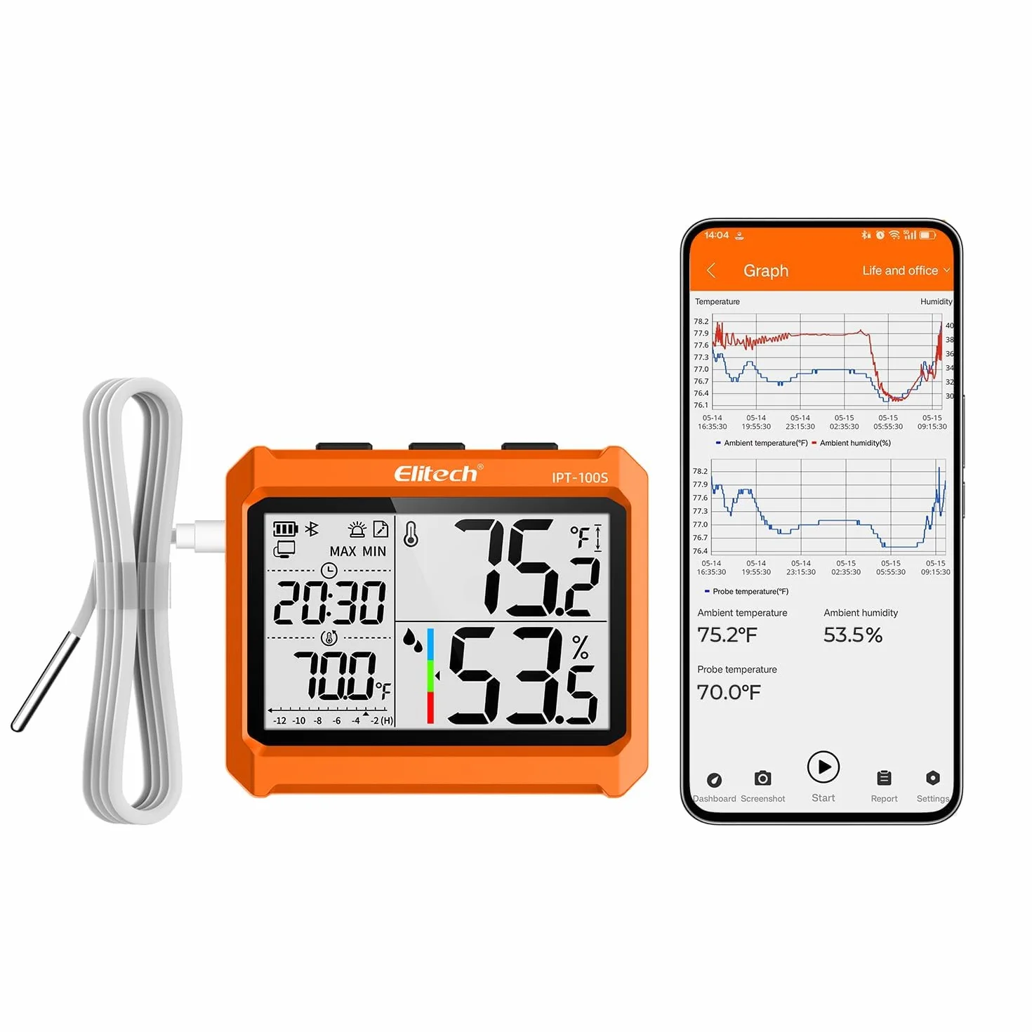 Elitech Digitales Bluetooth Hygrometer Thermometer mit App, 4,5" Display, Echtzeit-Überwachung von Temperatur & Luftfeuchtigkeit, PDF/CSV-Export, externe Sonde, IPT-100S