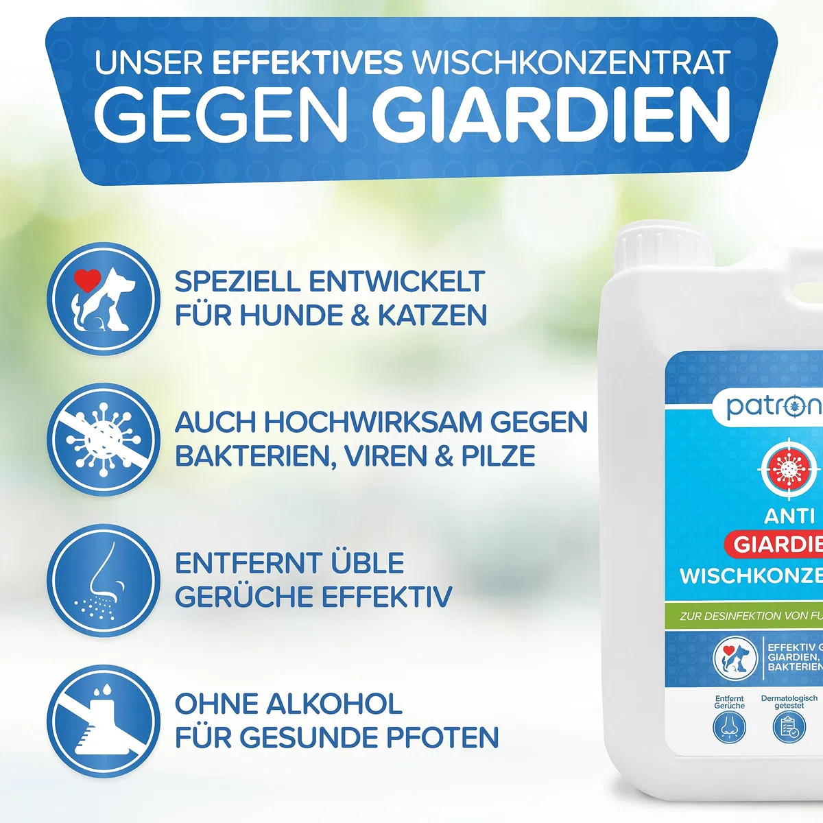 Patronus Giardien-Wischkonzentrat für Haustiere zur Desinfektion von Fußböden - 2 Liter Desinfektionsmittel zur Reinigung von Oberflächen gegen Giardien, Viren, Bakterien & Pilze
