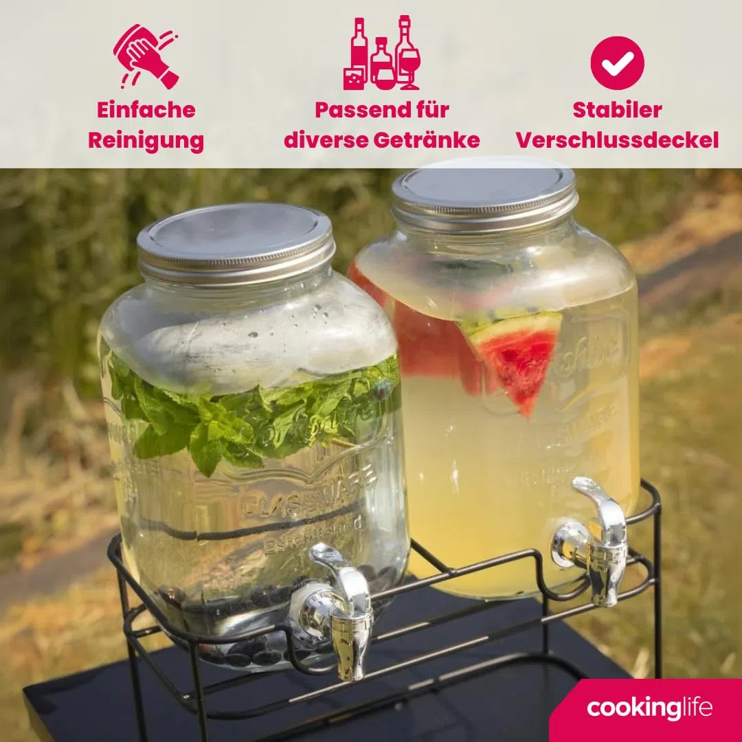 Cookinglife Getränkedispenser, Doppelt mit Ständer, 2 x 4 Liter, Glas und Stahl, Schwarz