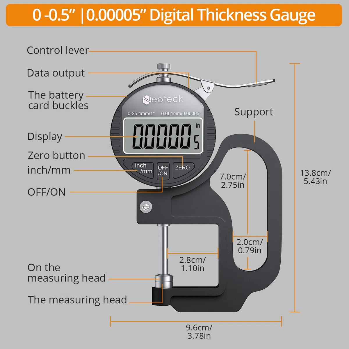 Neoteck Tragbares Digitales Dickenmessgerät 0-25,4 mm Messbereich 0,001/0,00005 '' elektronischer Mikrometer Zoll/metrisch elektronischer Prozent-Dickenmessgerät mit LCD-Anzeige - Schwarz
