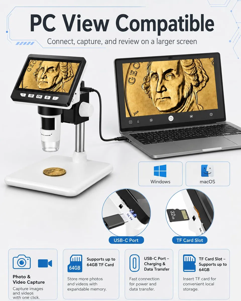 AOPICK Mikroskop Handy, LCD Digital Mikroskop 50X-500X Auflösung, 4,3-Zoll 1080P USB Mikroskop mit 8 einstellbaren LED Licht, PC-Ansicht, für Erwachsene/Kinder, kompatibel mit MacOS Windows