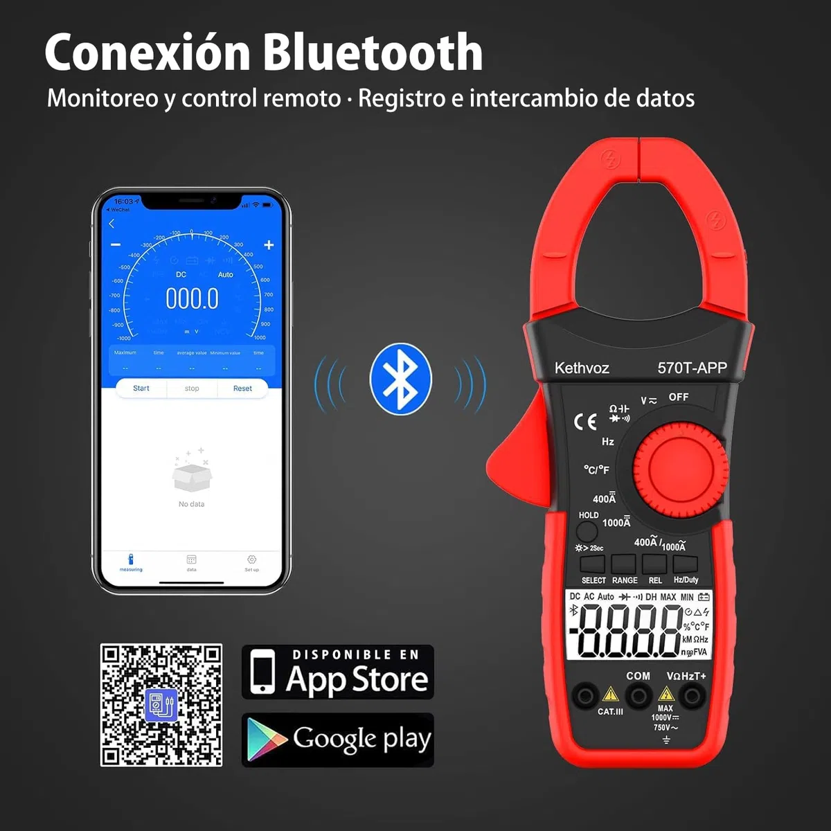 Strommesszange Bluetooth 4000 Counts Stromzange, Kethvoz Zangenmultimeter Strommessgerät mit Automatischem Messbereich für Widerstand Kapazität Durchgang Temperatur Diode Messen KE-570T-APP