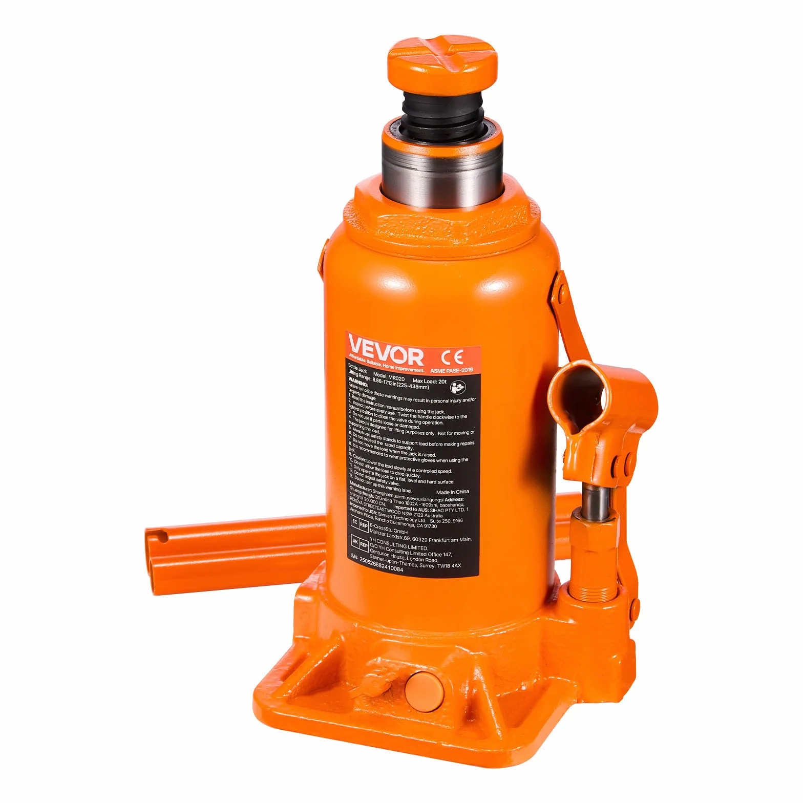 VEVOR hydraulischer Wagenheber Flaschenwagenheber 20 t 225–435 mm Hubbereich, Hochleistungs-Stempelwagenheber für Auto SUV Pickup Autoreparatur Hauslift landwirtschaftliche Geräte, Orange