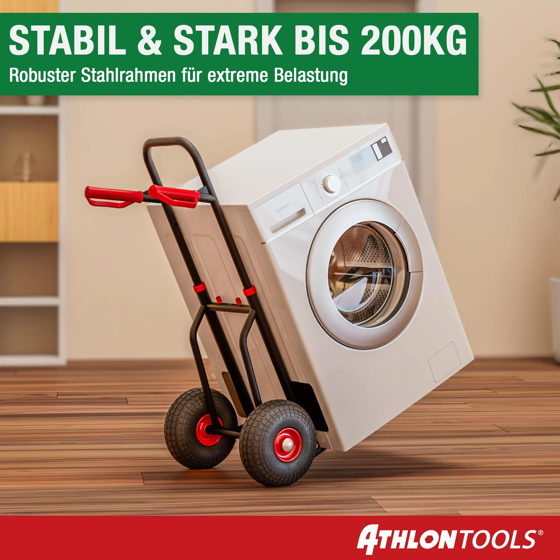 ATHLON TOOLS Schwerlast Sackkarre Vollgummireifen 200kg – Stahlrahmen mit luftgefüllten Reifen, große Räder leichtgängig & stoßarm, platzsparend zusammenklappbar
