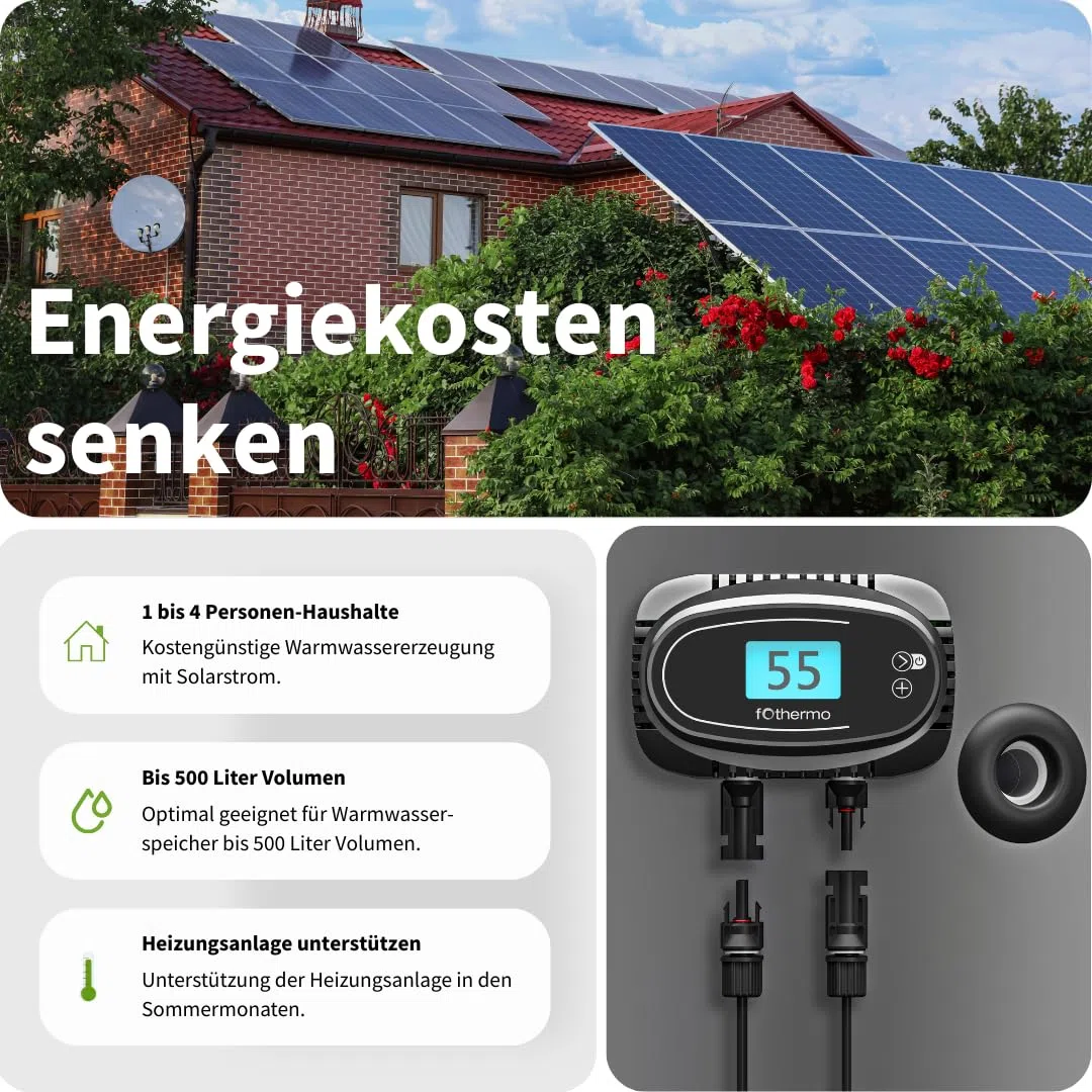 fothermo Solar Heizstab Komplettset 1000W mit 4x Aiko 500Wp PV Modulen – Photovoltaik Warmwasserbereitung für Boiler & Warmwasserspeicher – Plug & Play ROD-1000