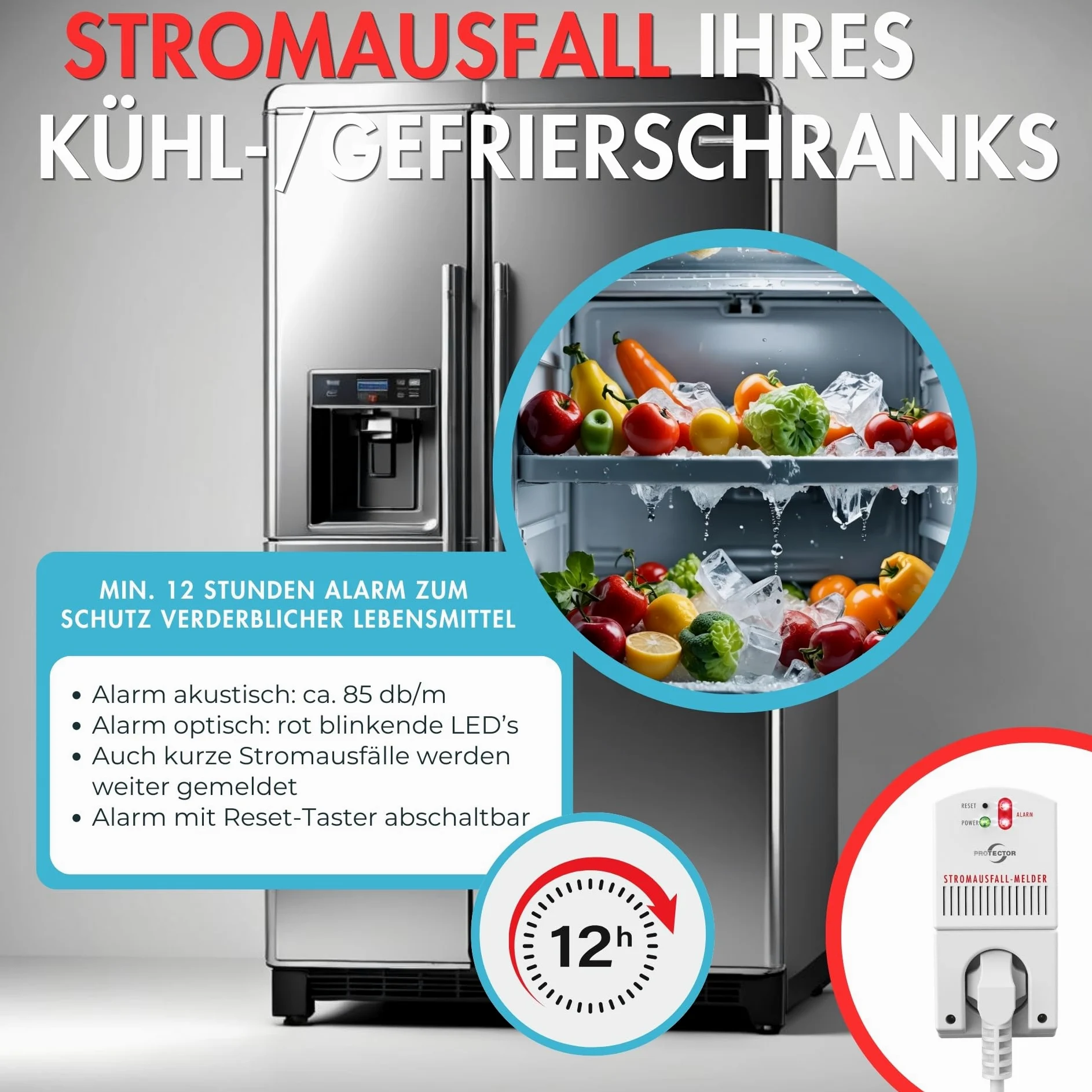Protector SAM 1000 Stromausfall-Melder | 3500 Watt | Notstrom-gepuffert | 12 Stunden | Stromausfall-Alarm | Kühlschrankalarm