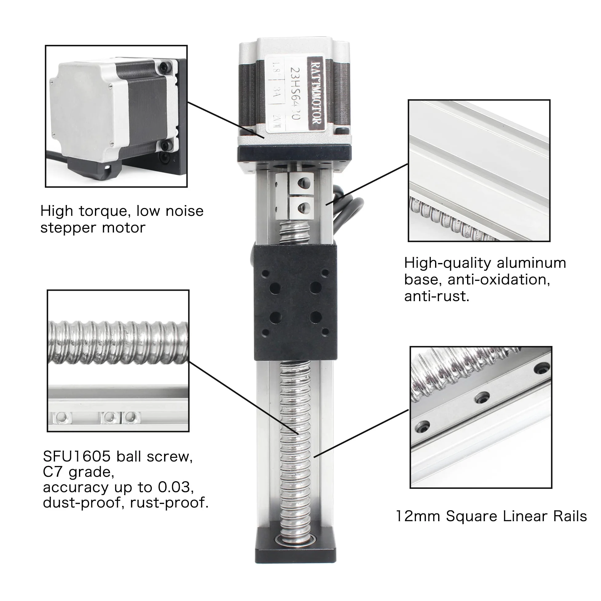 RATTMMOTOR Linearführung,100mm Verfahrweg Länge Linear Schienenführung CNC Linearantrieb Tisch Linearführung SFU1605 Kugelumlaufspindel mit NEMA23 Schrittmotor