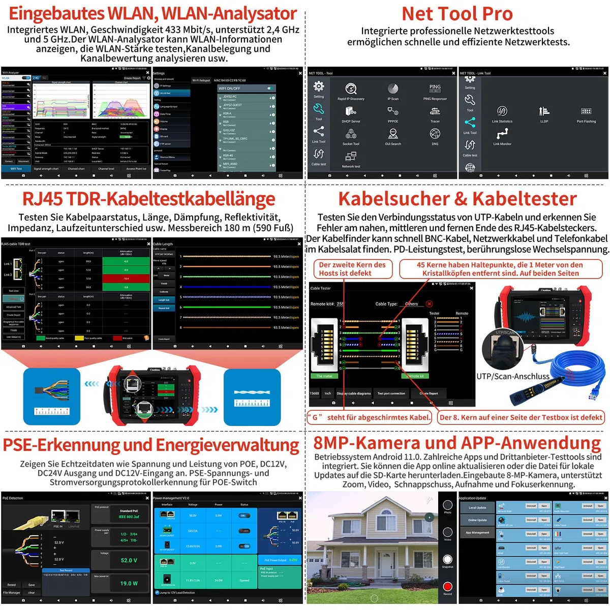 Henkion IPC CCTV Tester H20-MOVTADHSEF 8K 32MP 12MP IP Kamera Test POE++ Max 90W HD Kameratester 8MP TVI/CVI/AHD/SDI/CVBS DMM TDR WiFi Netzwerk Tools RJ45 Kabel Tester 2CH SFP Port HD VGA