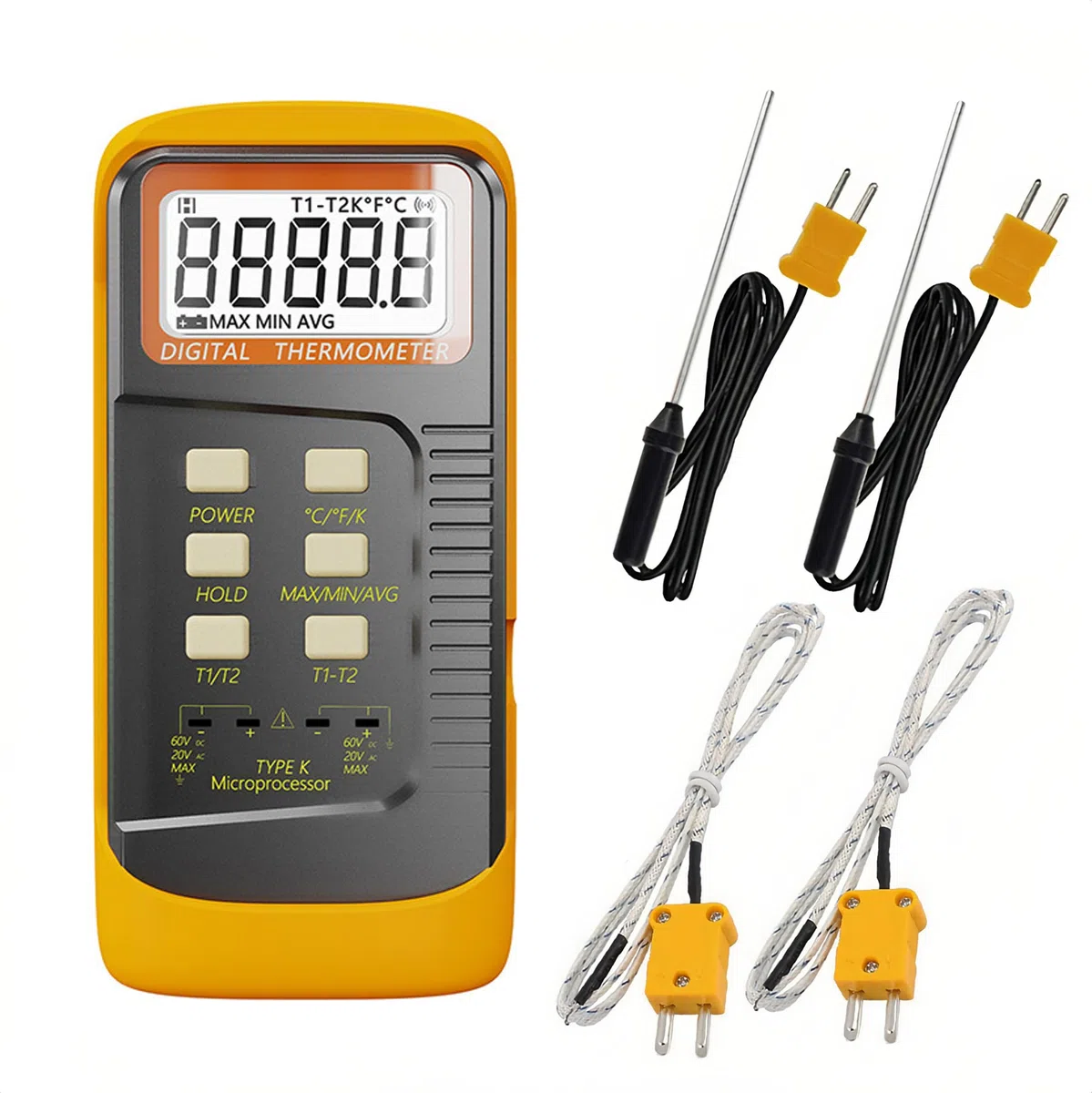 ThreeH Zweikanal-Digitalthermometer Handmessgerät für hohe Temperaturen mit Kelvin-Skala und 4 Fühlern für -50~1300°C (-58~2372°F)