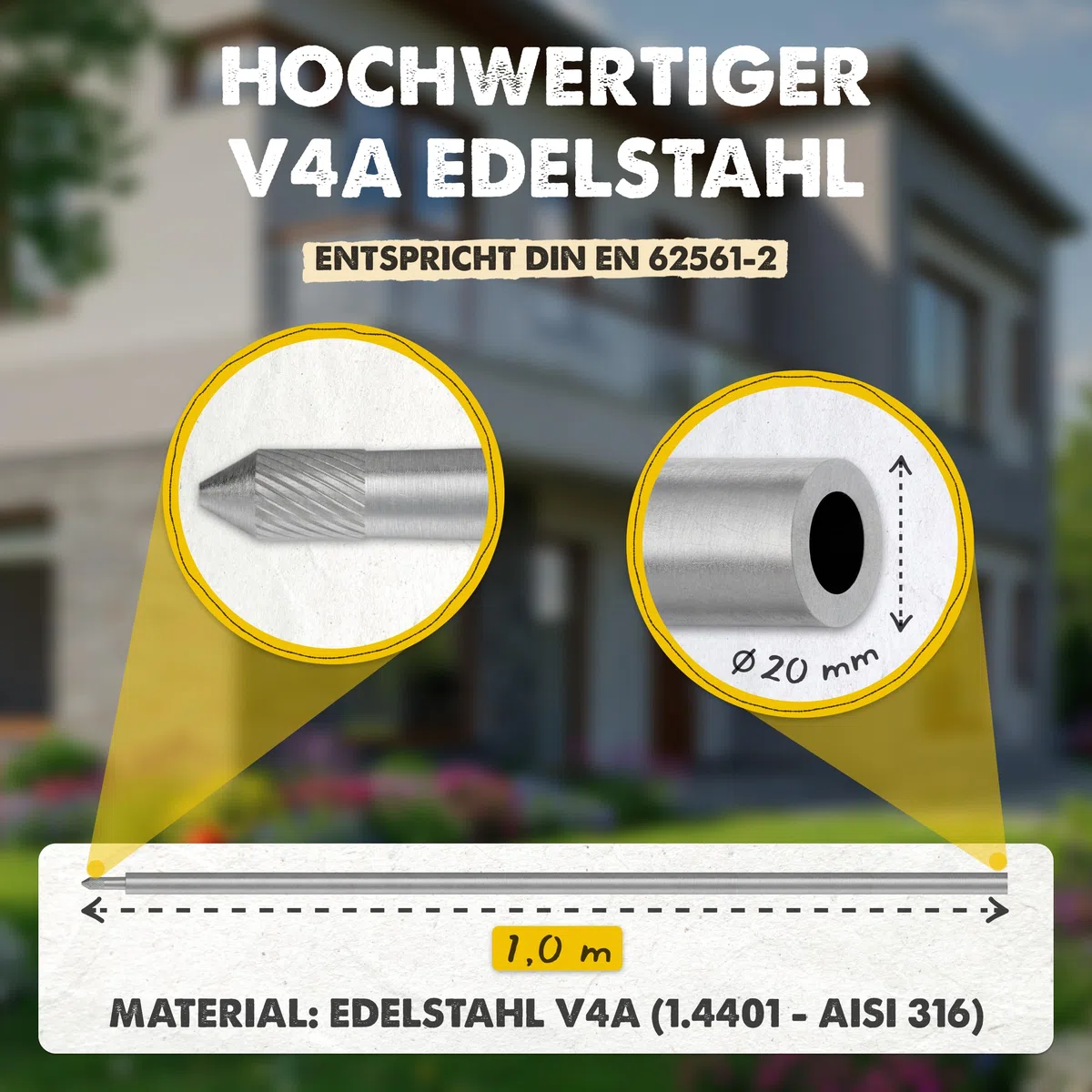 Tiefenerder Erweiterungsstab - Ø20mm V4A Edelstahl, Erdungsspieß Erdung Kreuzerder Staberder Erdnagel Erder Erdspieß Erdungsstab Erdungskabel Erdungsschiene für Blitzableiter und Solar