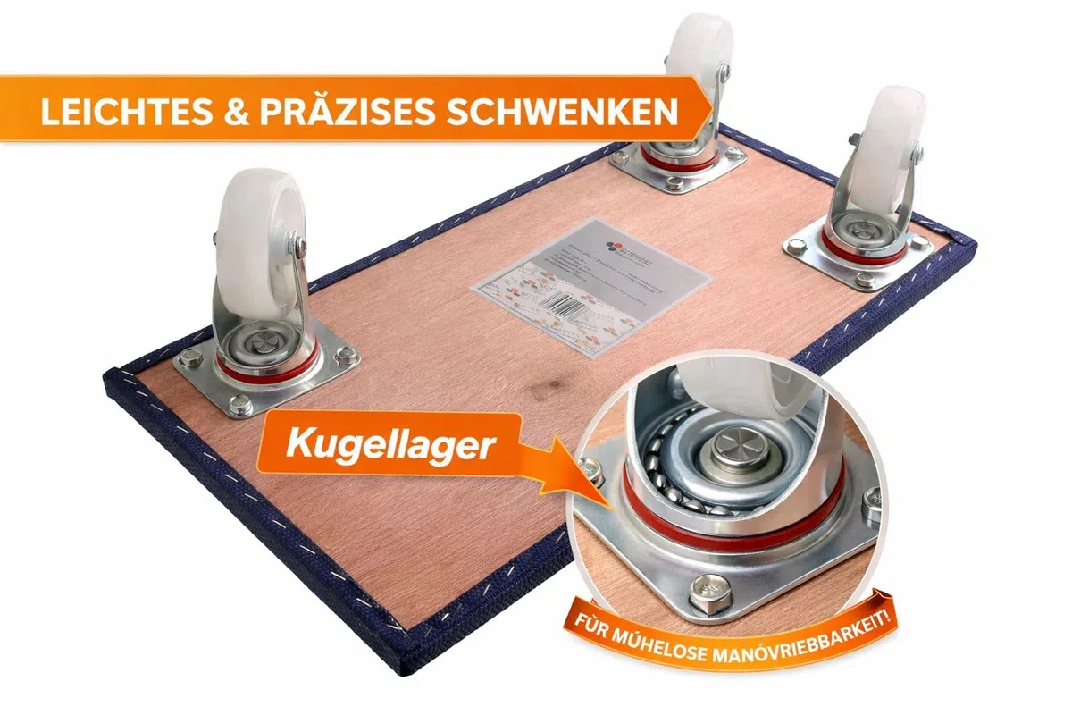 SWV Möbelroller Transportroller 600 x 300 mm, 500 kg, Antirutschbelag, Multiplex-Holz 18 mm, 4 Lenkrollen Ø100 mm, blau