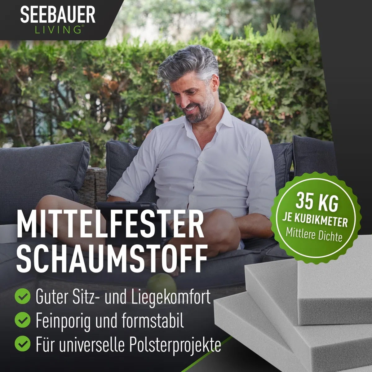 Schaumstoff-Set MEDIUM RG 35/40 (Mittelfest) 45 x 45 x 5 cm (4er Vorteilspack) Schaumstoffplatte für Polster und Sitzkissen, Polsterschaumstoff als Zuschnitt für Sitzpolster