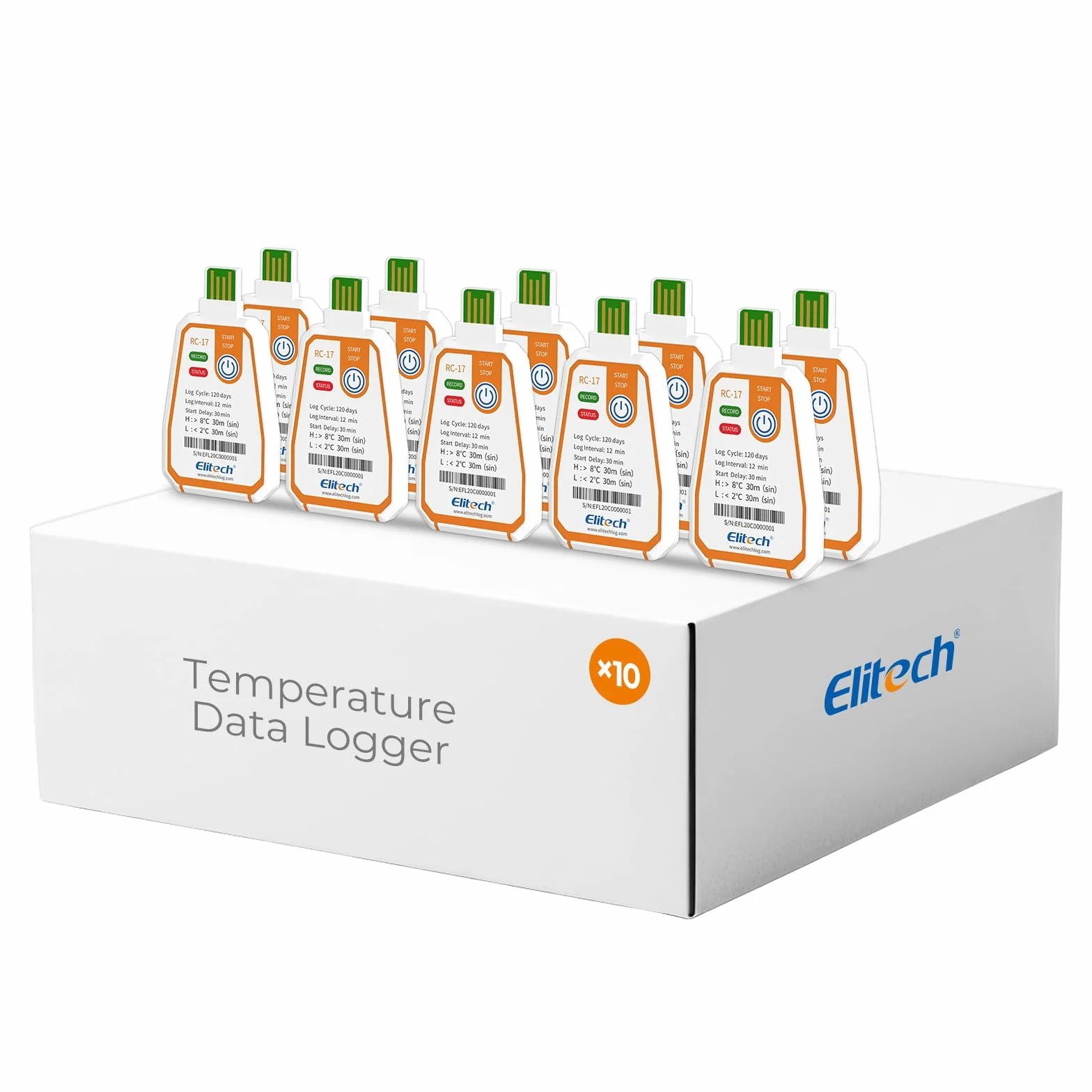 Elitech 10 Pack RC-17 Einweg-Temperaturlogger USB 180 Tage Daueraufzeichnung 16000 Datensätze für Lebensmittel Medikamente & Impfstoff-Kühlketten Alarmfunktion,IP67 Wasserschutz