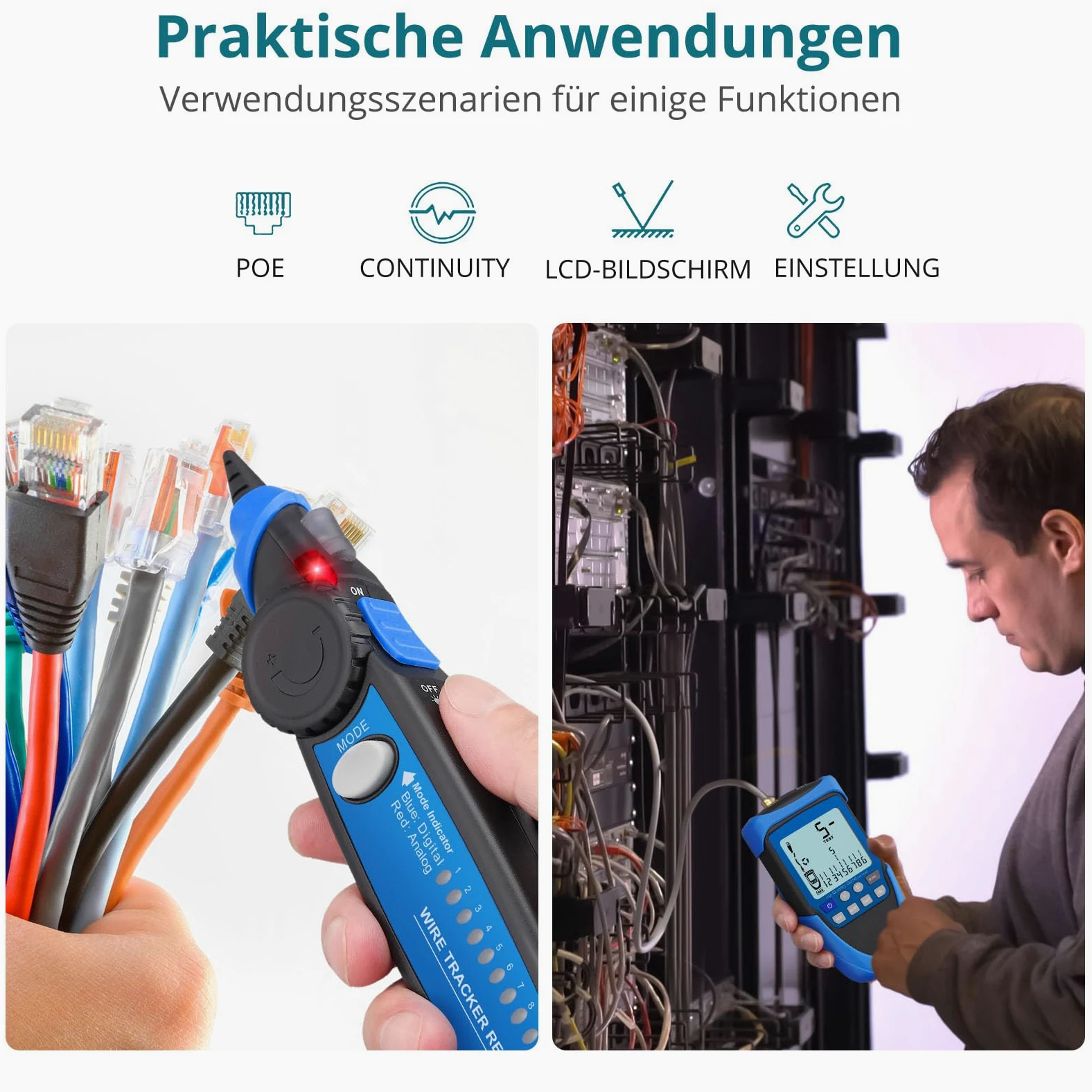 Netzwerk Kabeltester POE/RJ45 Tester, Multifunktions Netzwerktester mit LCD Display, Kabel CAT5/CAT5e/CAT6/Cat7/Cat8 Tracker, Leitungsfinder für Kurzschluss, Quer- & Unterbrechungsprüfung