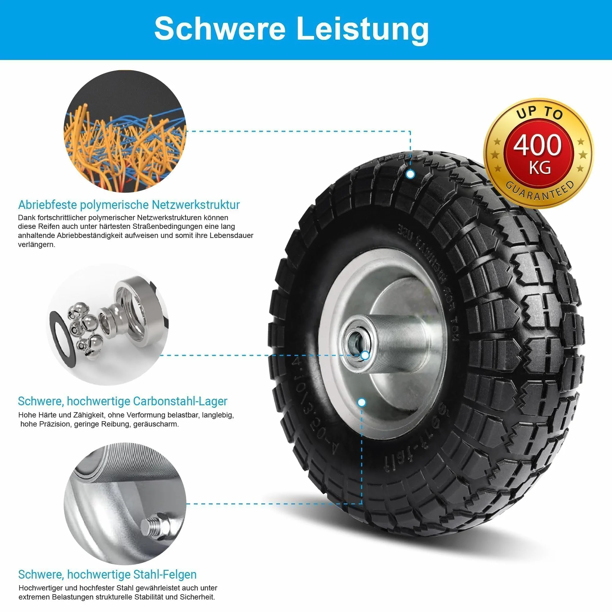 Sackkarrenrad Räder für Sackkarre Vollgummireifen Reifen : Vollgummi Reifen 4.10 3.50-4, Bollerwagen Ersatzräder 260 x 85 mm, （ Rad Achse 20mm Achse 2 Stück)
