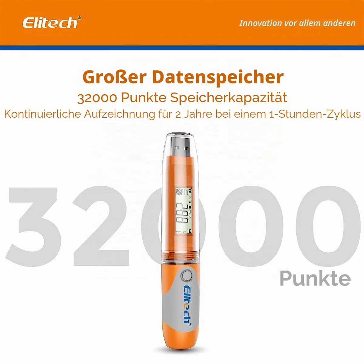 Elitech RC-51H Wiederverwendbarer Datenlogger für Temperatur und Luftfeuchtigkeit 32.000 Punkte,Unterstützt den Export von Berichten von USB in PDF/Excel/TXT/CSV-Dateien