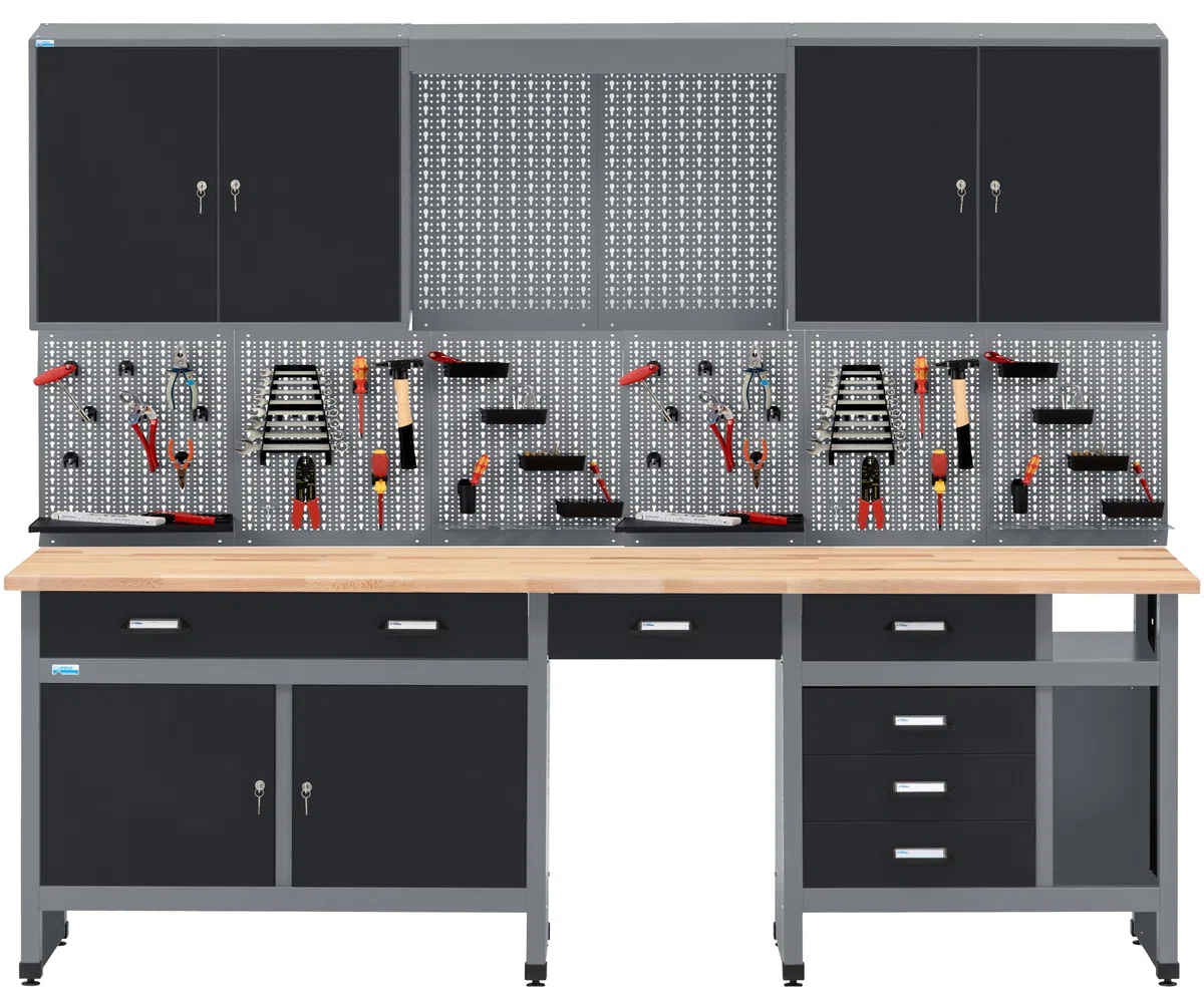 Küpper Werkbankset 70412-9, Breite 240 cm, Werkbank, Hängeschrank, Lochwand (Schwarz, 240 x 204 cm (BxH))