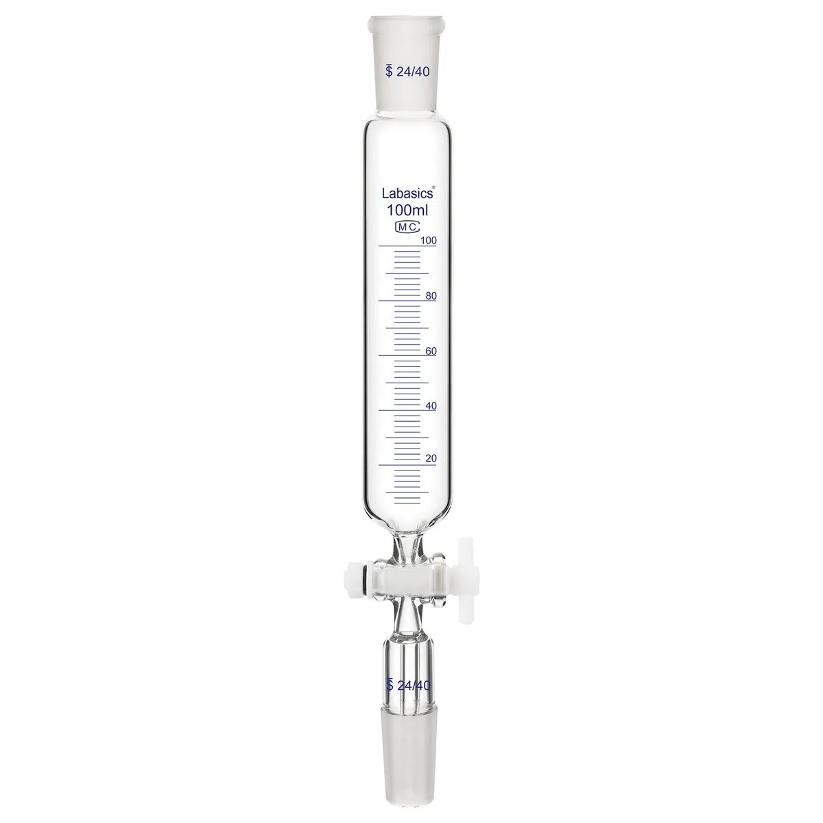 Labasics Additionstrichter, Graduierter Tropftrichter aus Borosilikatglas mit 24/40 Normschliff und PTFE-Hahn für Laborzugabe, 100 ml