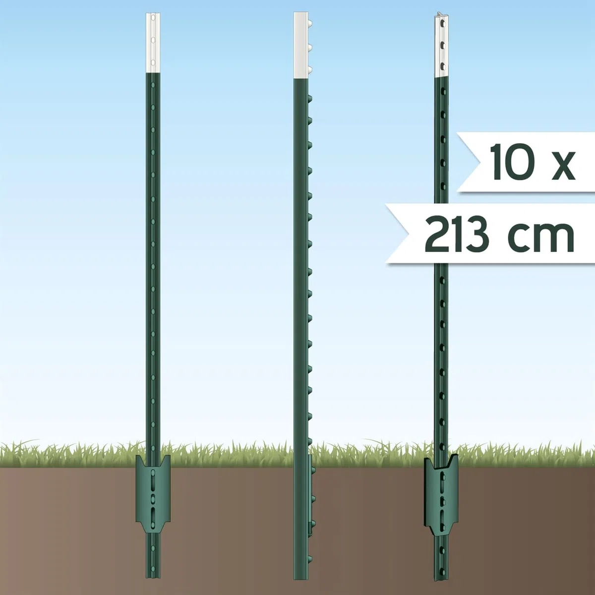 VOSS.farming T-Pfosten 213cm 10 Stück, Metallpfahl Festzaunsystem, Hochwertige Qualität grün, T-Post, Zaunpfahl, Weidezaun