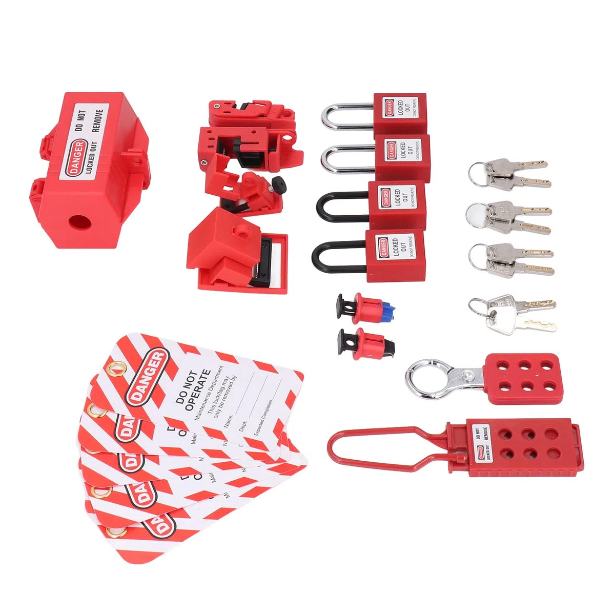 Elektrisches Lockout-Tagout-Kit, Klammer für Mehrpolige Leistungsschalter-Lockouts, 4 Loto-Schlösser (2 Schlüssel Pro Schloss), Steckschlösser, 2 Haspen, 5 Lockout-Tags,