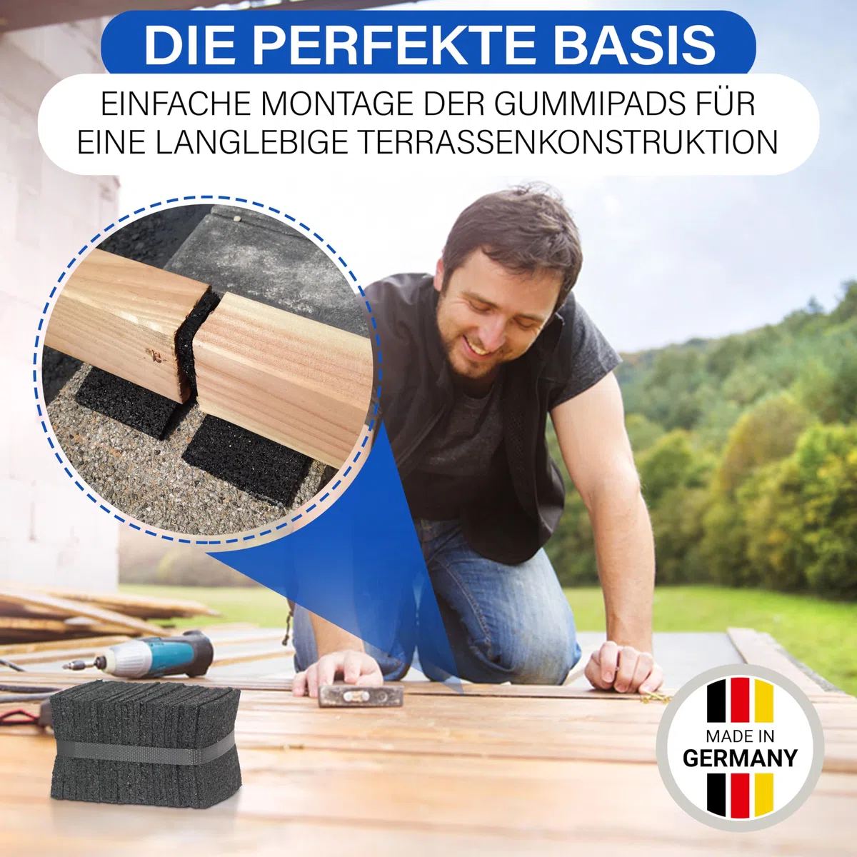 Gummimattenprofi 20 mm x 90 mm x 90 mm 100 Stück Terrassenpads Gummiunterlage Bautenschutzmatte | Gummigranulatmatte für Oberflächenschutz | Unterkonstruktion WPC, Fliesen, Dielen