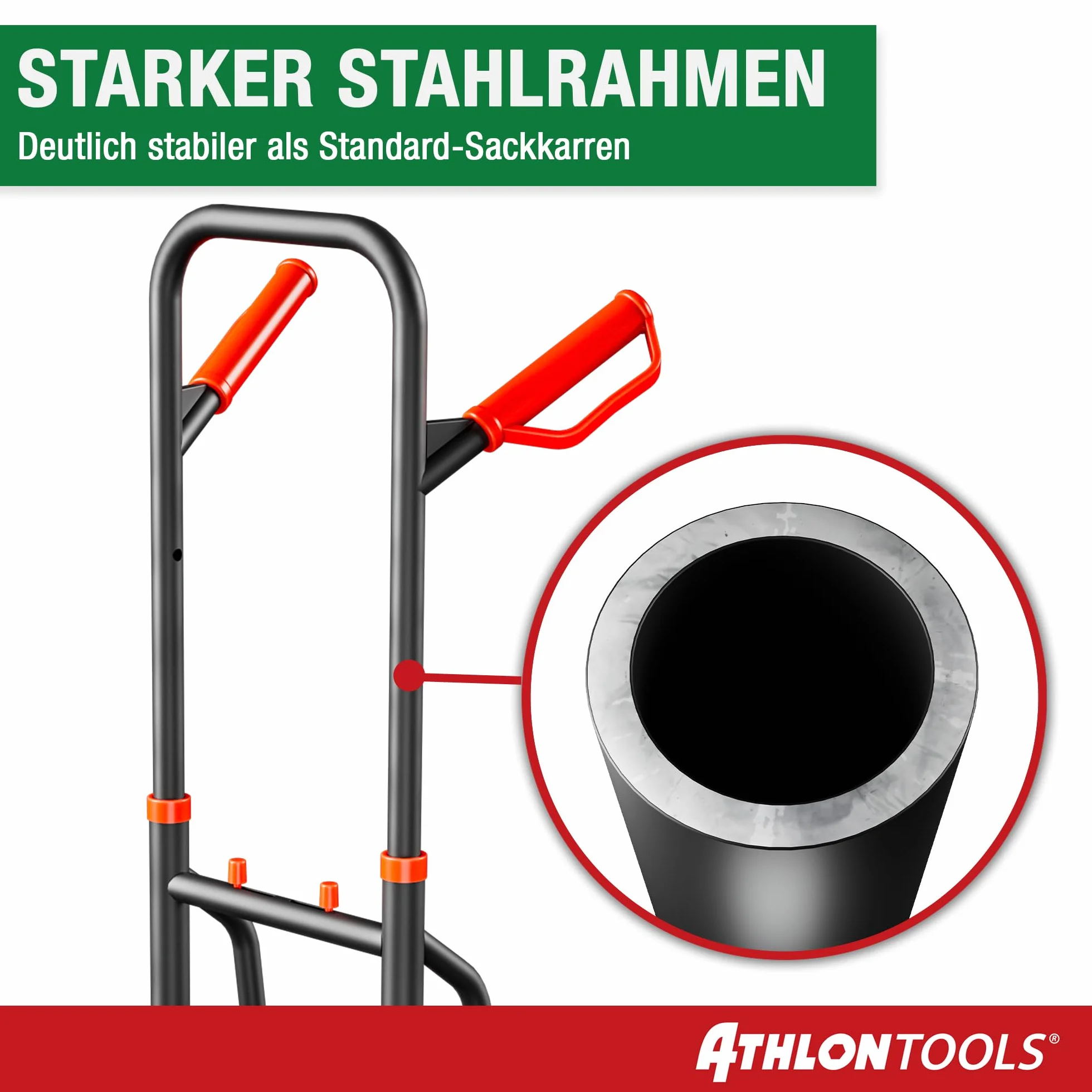 ATHLON TOOLS Schwerlast Sackkarre Vollgummireifen 200kg – Stahlrahmen mit luftgefüllten Reifen, große Räder leichtgängig & stoßarm, platzsparend zusammenklappbar