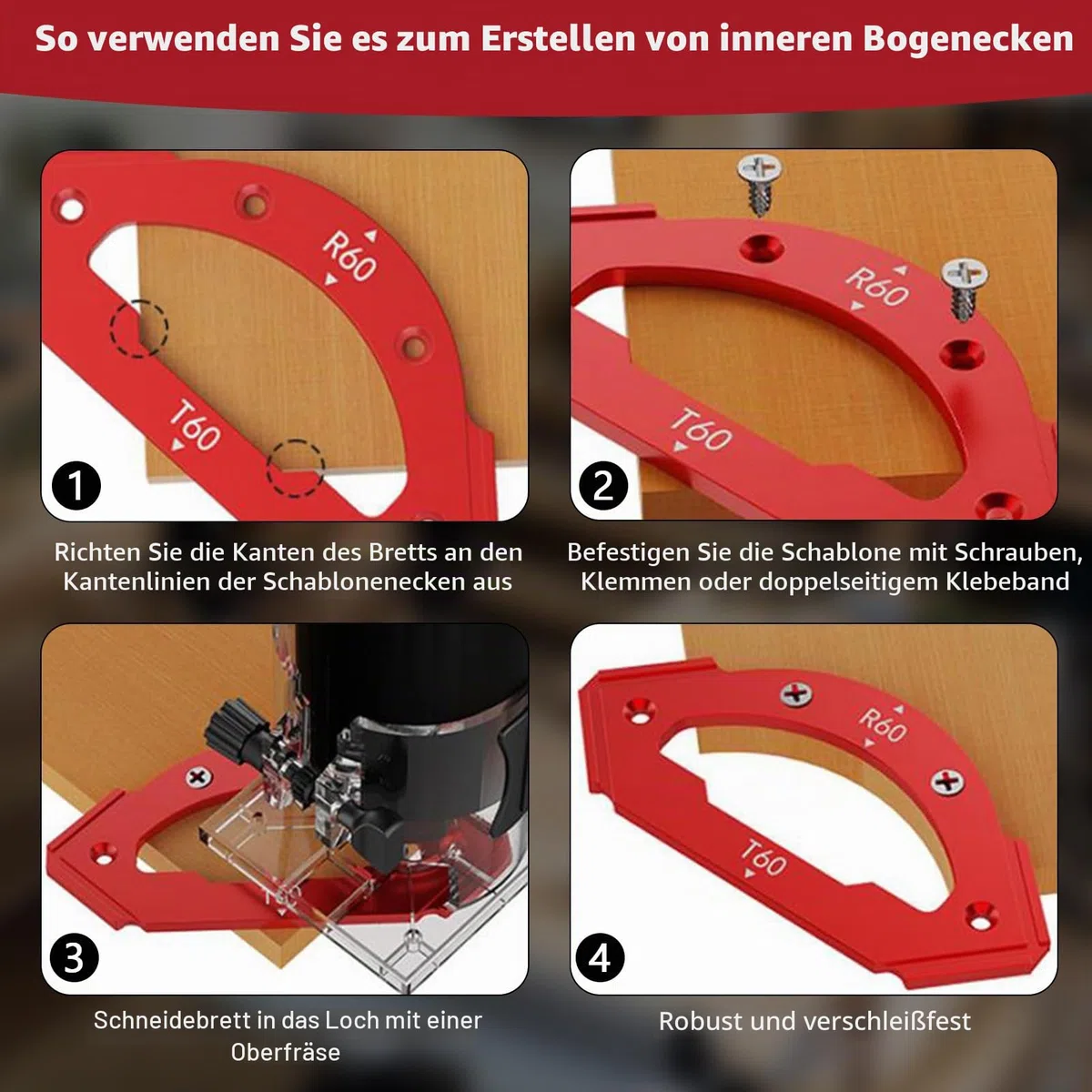 Frässchablone Oberfräse, 7 Stück Router Jig Radius Schablone für Holzbearbeitung R10 R15 R20 R25 R30 R35 R40 R50 R60 T10 T20 T30 T35 T40 T50 T60 Aluminiumlegierung Eckradius-Schablone