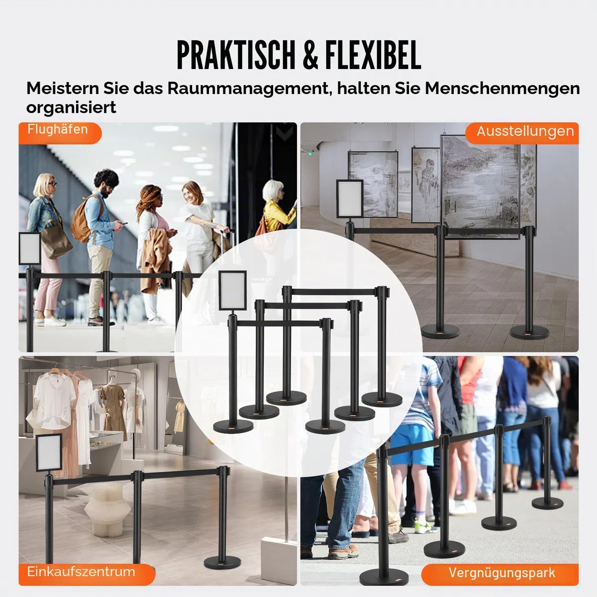 VEVOR Personenleitsystem Absperrband Absperrständer 6-teilig, 2 m x 48 mm Schwarzer Einziehbarer Gürtel, Personenleitsystem Absperrpfosten mit Schildern für Flughäfen, Messen, Wettkampforte usw.