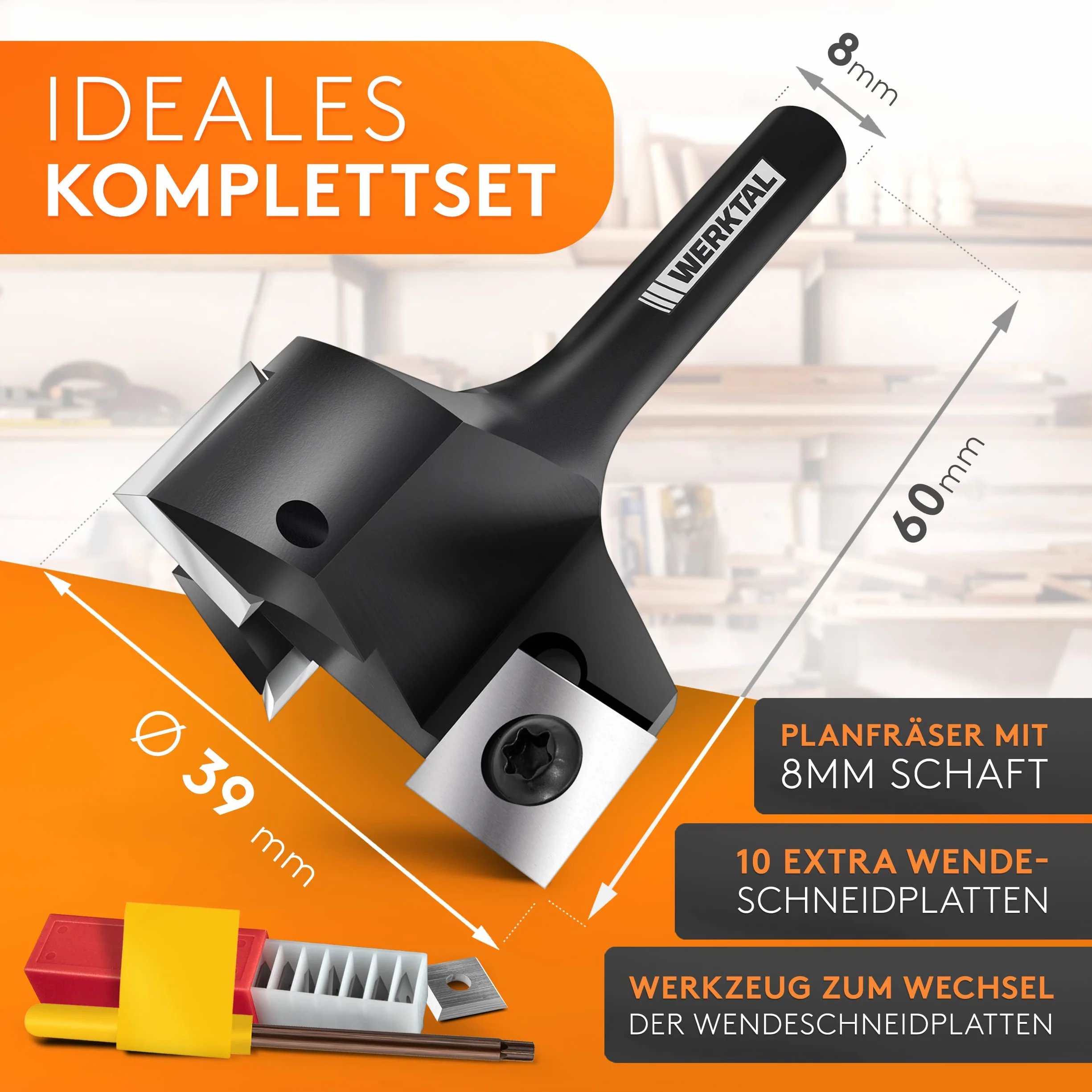 WERKTAL - Planfräser 8mm Schaft [39mm Durchmesser] - Präziser Hobelfräser mit 10 extra Wendeschneidplatten - Professioneller Planfräser für Oberfräse 8mm & CNC Fräse - Schaftfräser & Abrichtfräser