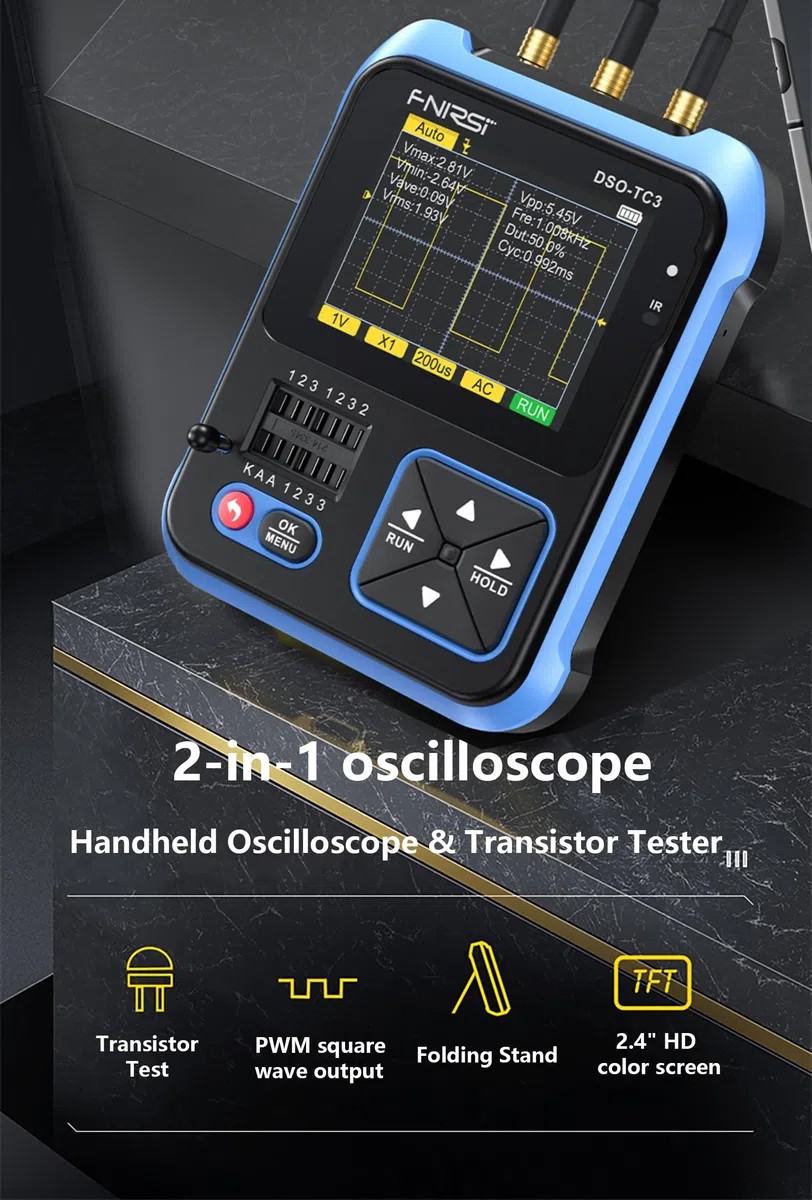 WANGCL TC3 - Tragbares 3-in-1-Oszilloskop, ESR-Tester, 2,4-Zoll-TFT-Display, 1500 mA, digitales Mini-Oszilloskop, 200 kHz Bandbreite und 2,5 MS/s Abtastrate